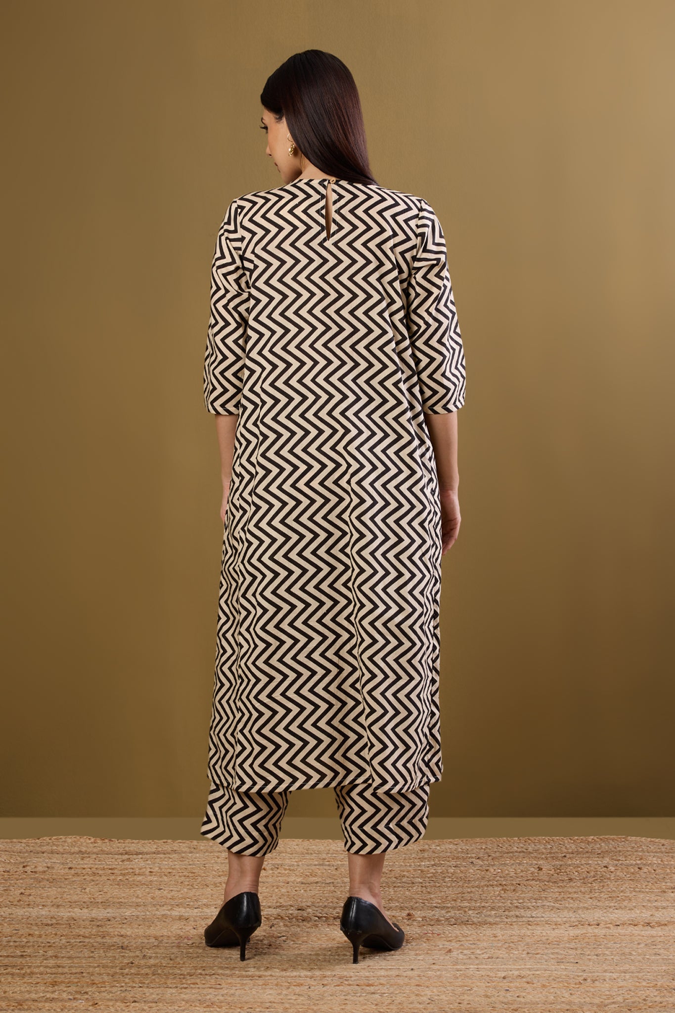 Maati Craft Co-ord Set Bold Noir Chevron Pintuck Long Dress & Pants