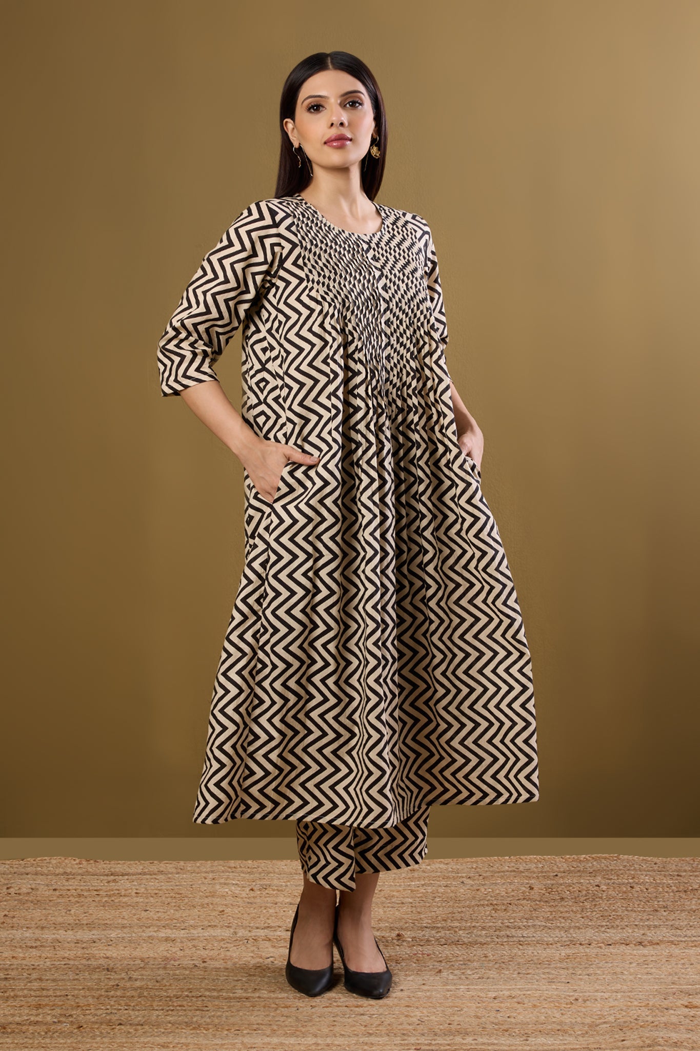 Maati Craft Co-ord Set Bold Noir Chevron Pintuck Long Dress & Pants