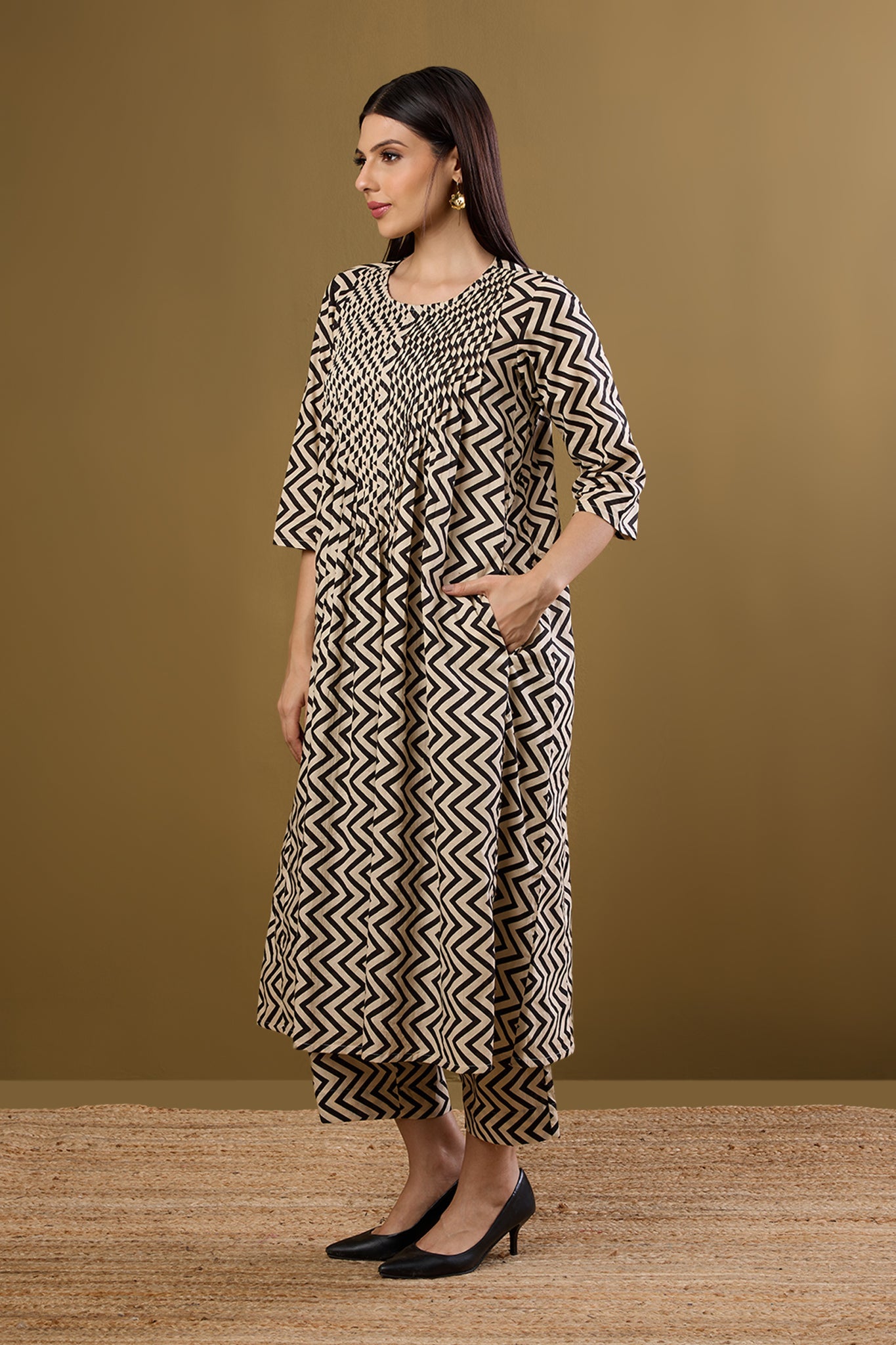 Maati Craft Co-ord Set Bold Noir Chevron Pintuck Long Dress & Pants