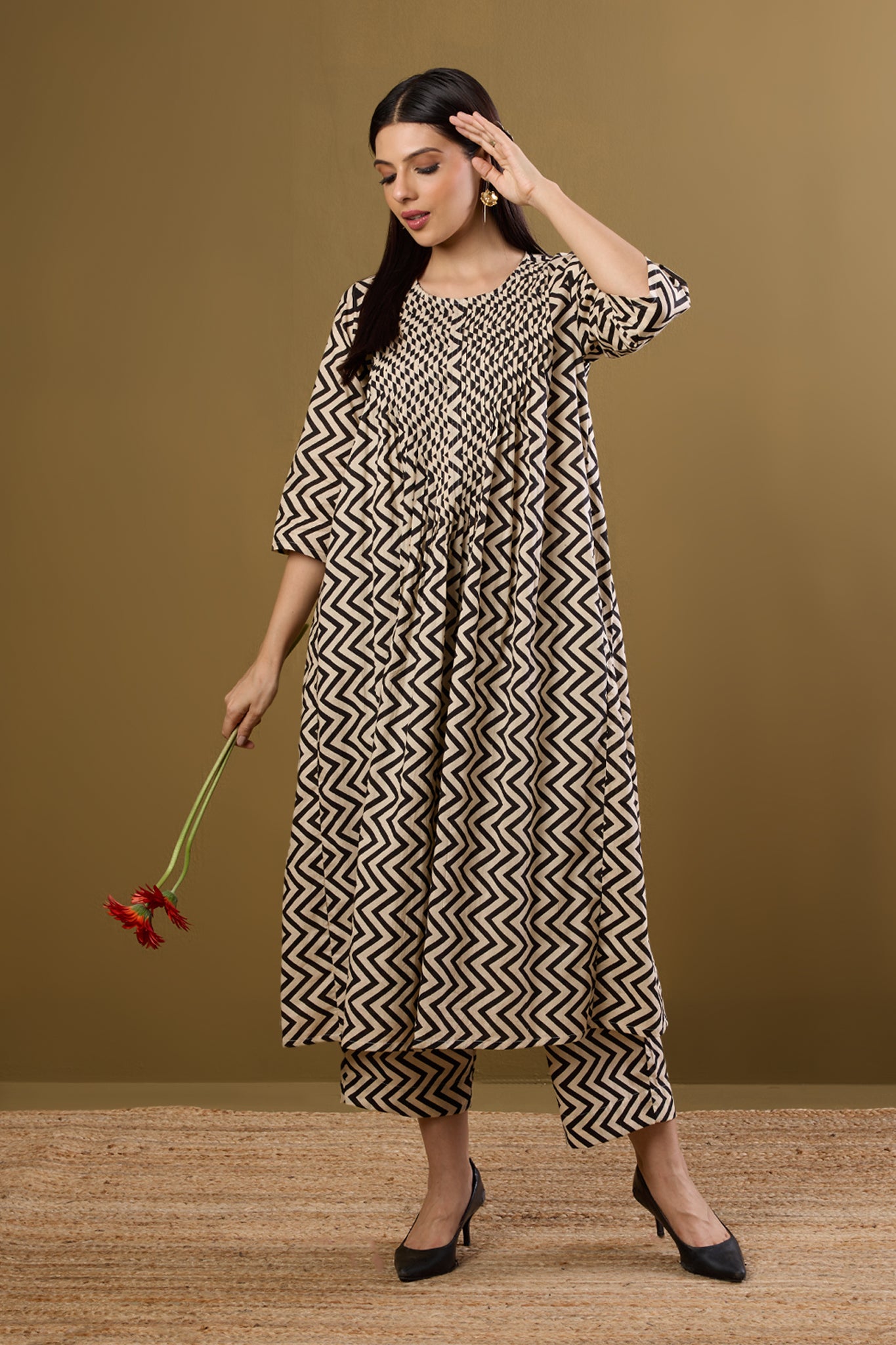 Maati Craft Co-ord Set Bold Noir Chevron Pintuck Long Dress & Pants