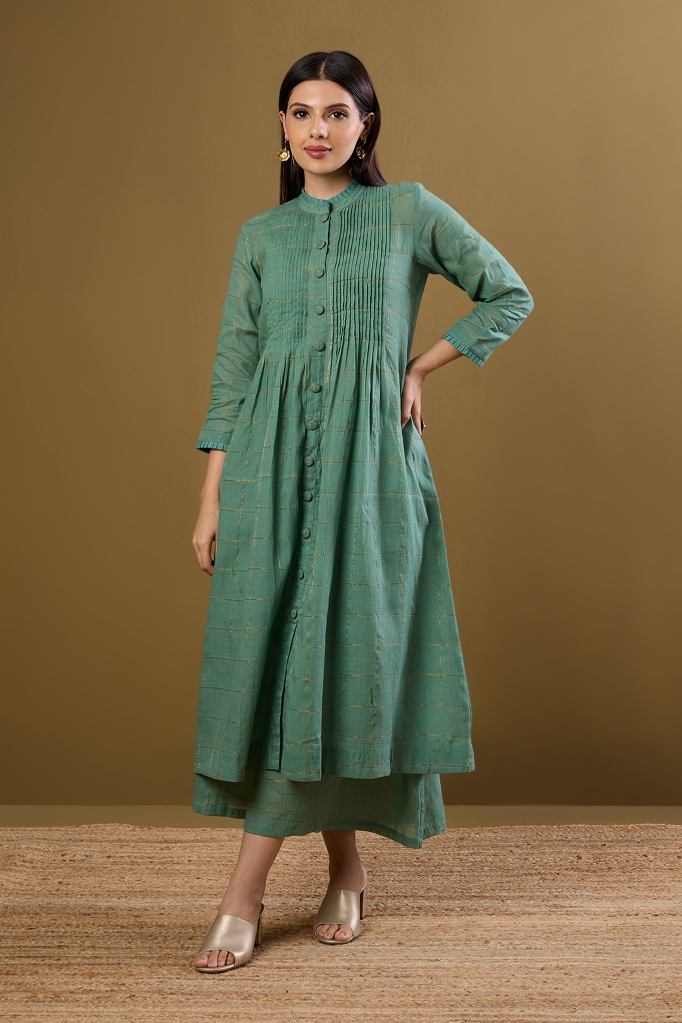 Maati Craft Frosted Gridsong Checkered Pleated Pintuck Button Down Dress