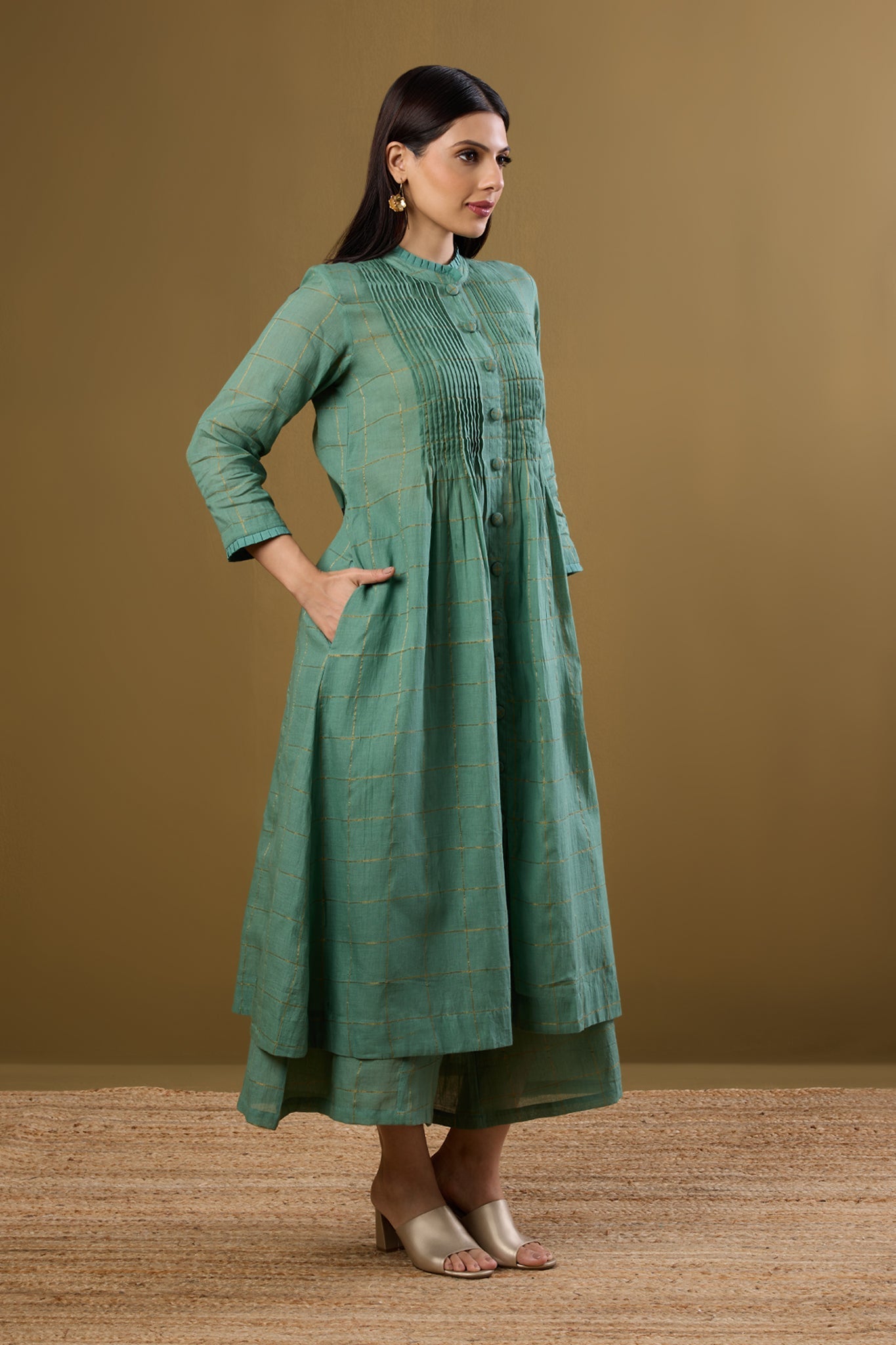 Maati Craft Frosted Gridsong Checkered Pleated Pintuck Button Down Dress