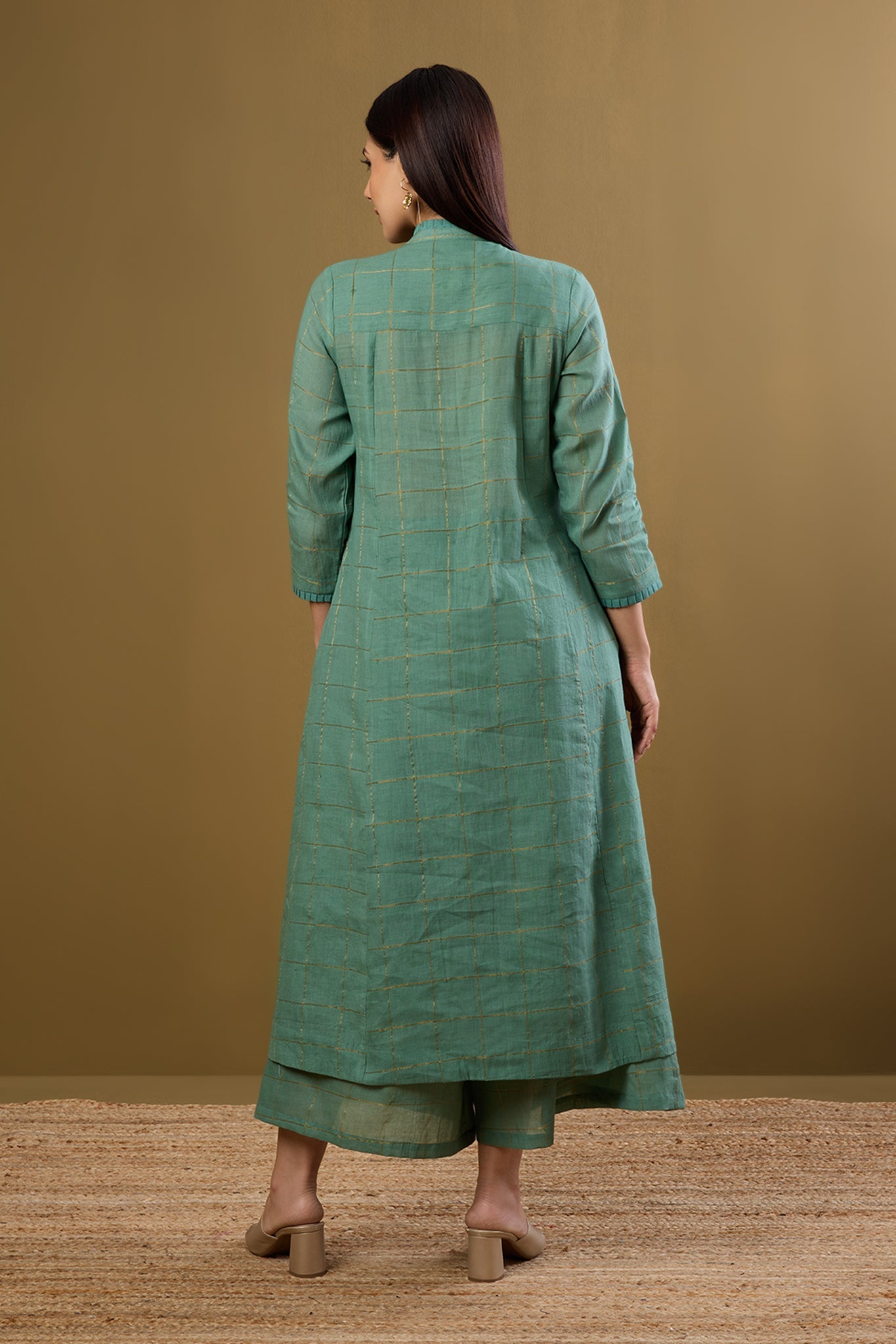 Maati Craft Frosted Gridsong Checkered Pleated Pintuck Button Down Dress