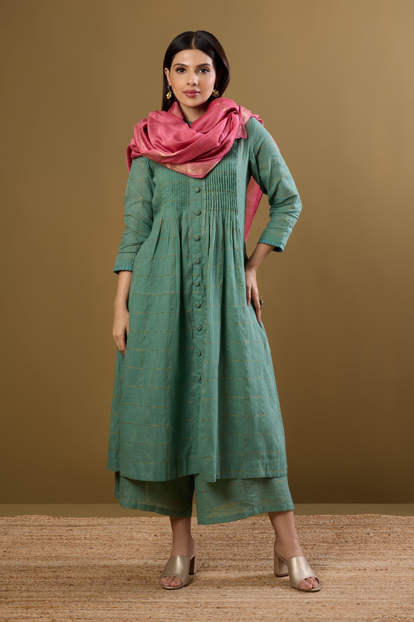 Maati Craft Frosted Gridsong Checkered Pleated Pintuck Button Down Dress