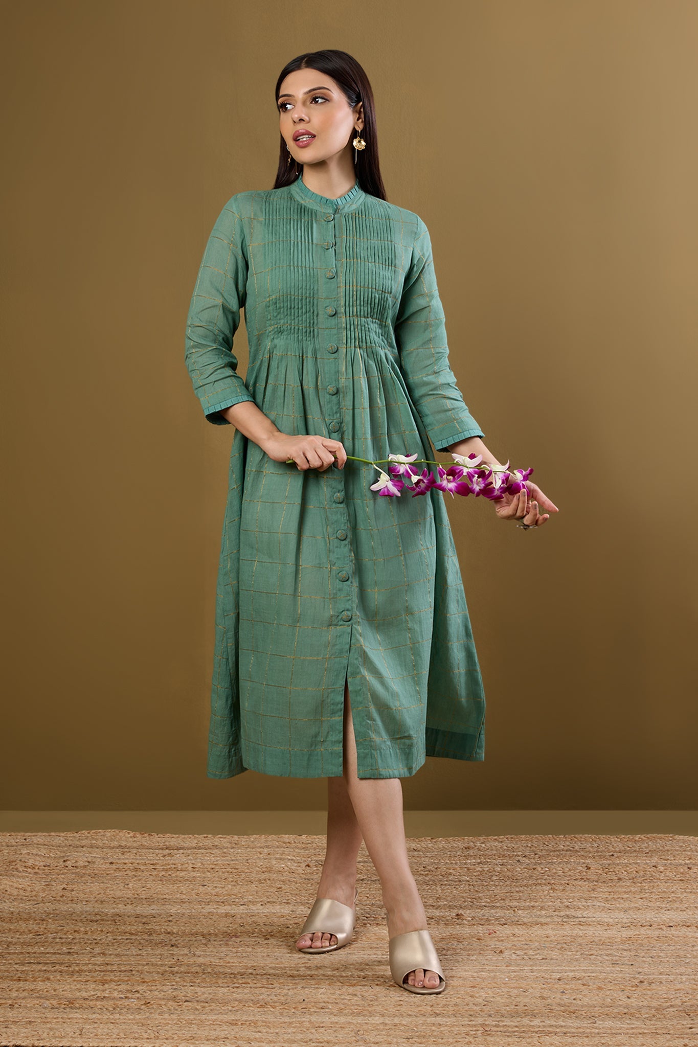 Maati Craft Frosted Gridsong Checkered Pleated Pintuck Button Down Dress