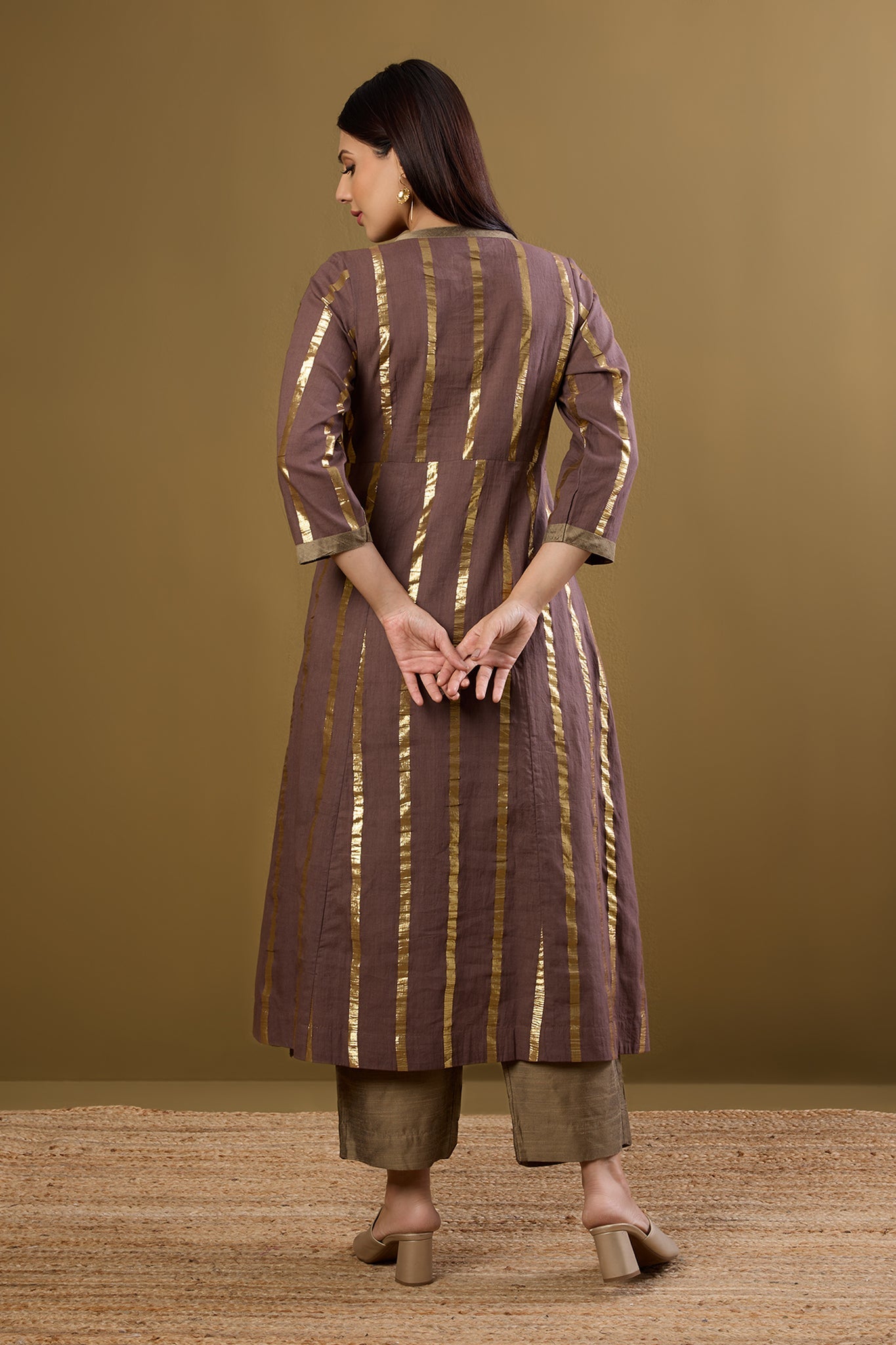 Maati Craft Tie-Up Angrakha Kurta Nutmeg & Gilded Stripes