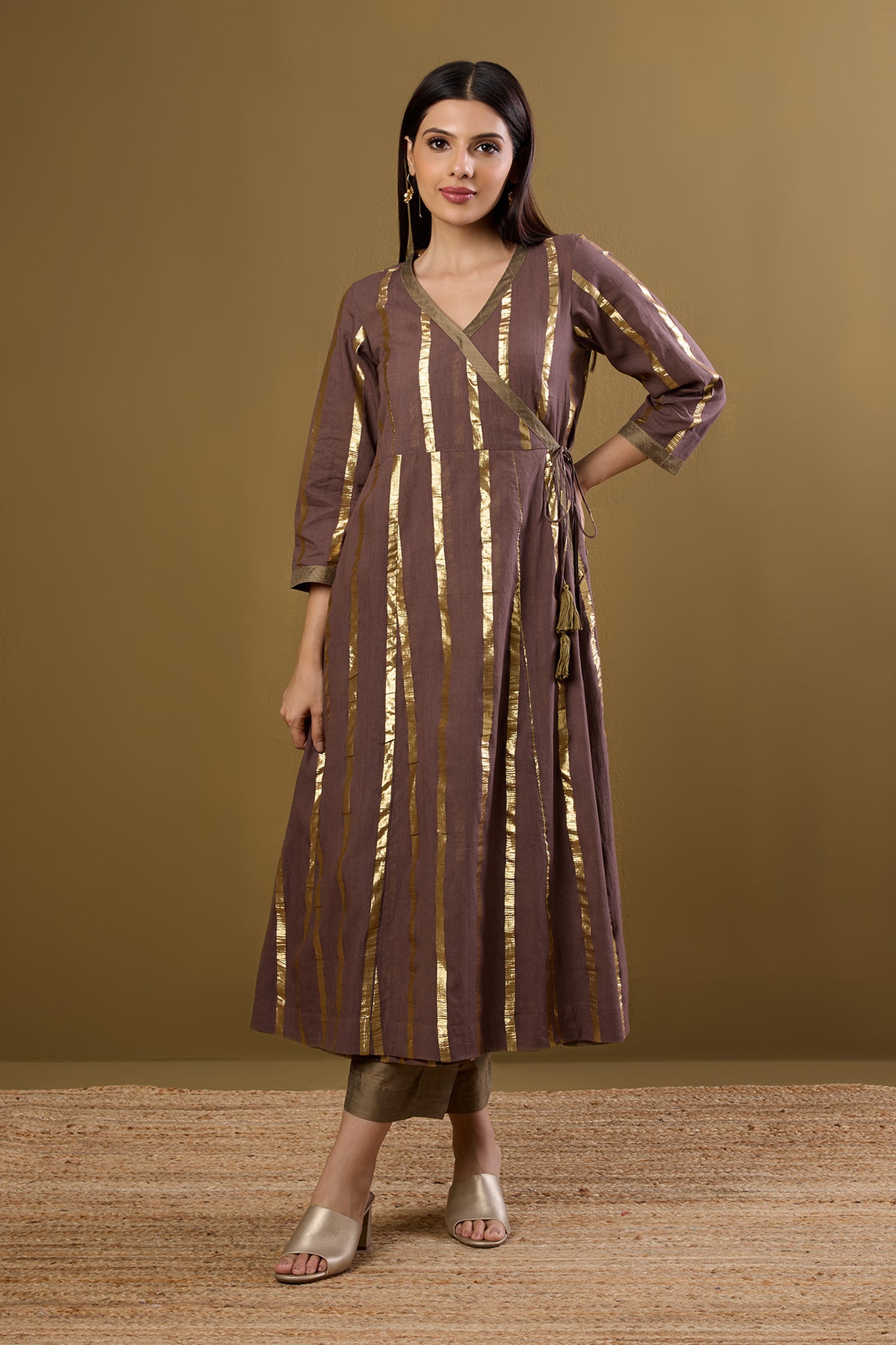 Maati Craft Tie-Up Angrakha Kurta Nutmeg & Gilded Stripes