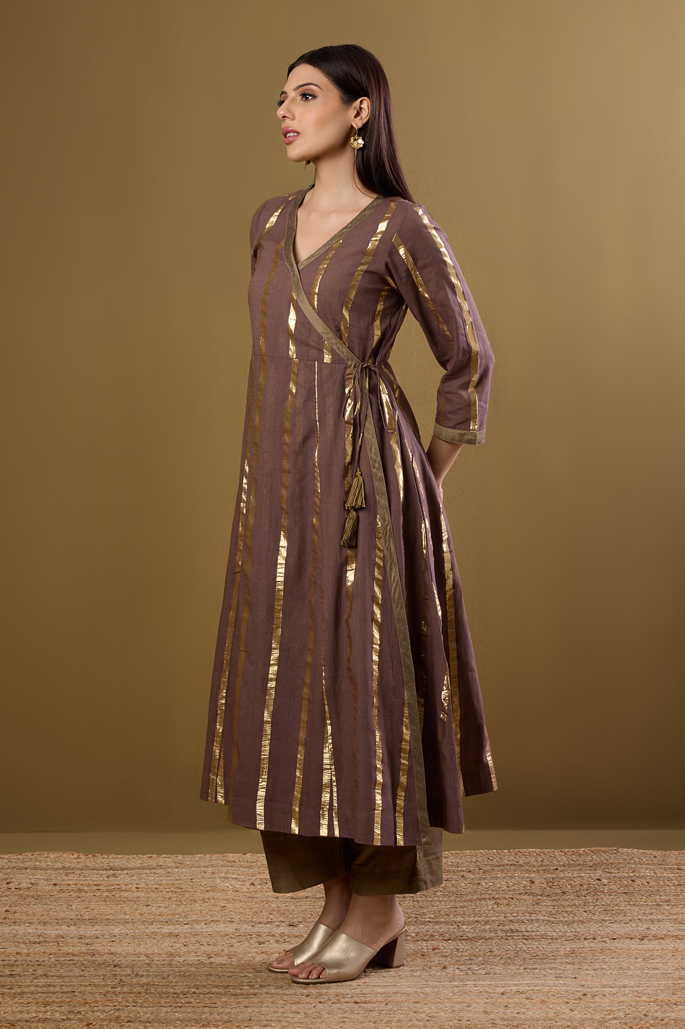 Maati Craft Tie-Up Angrakha Kurta Nutmeg & Gilded Stripes