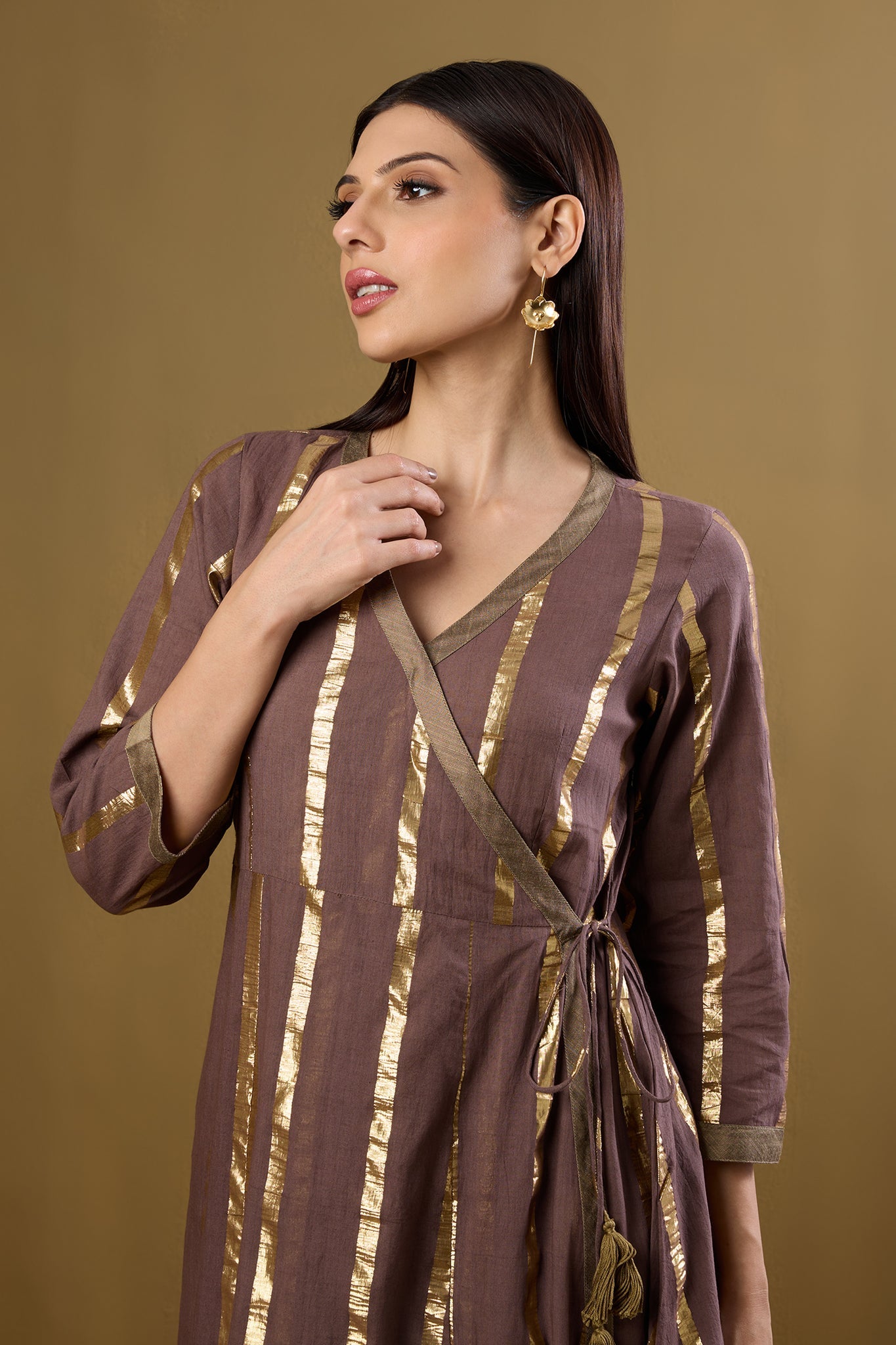 Maati Craft Tie-Up Angrakha Kurta Nutmeg & Gilded Stripes