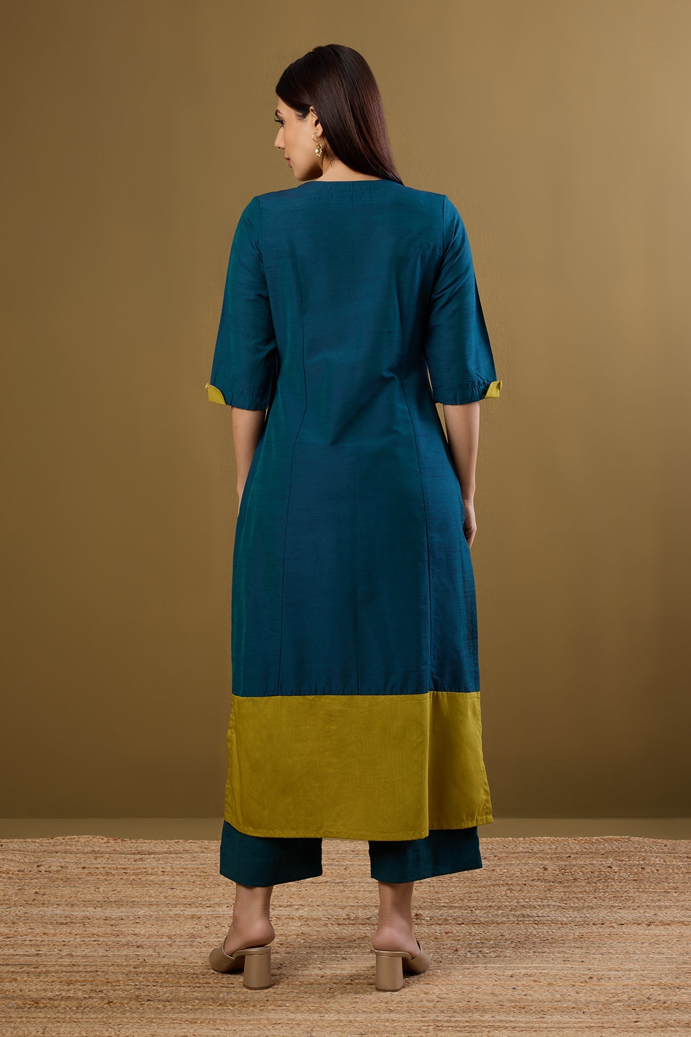 Maati Craft Firelight Blue & Gold Silk Slub Long Panelled Kurta with Slit