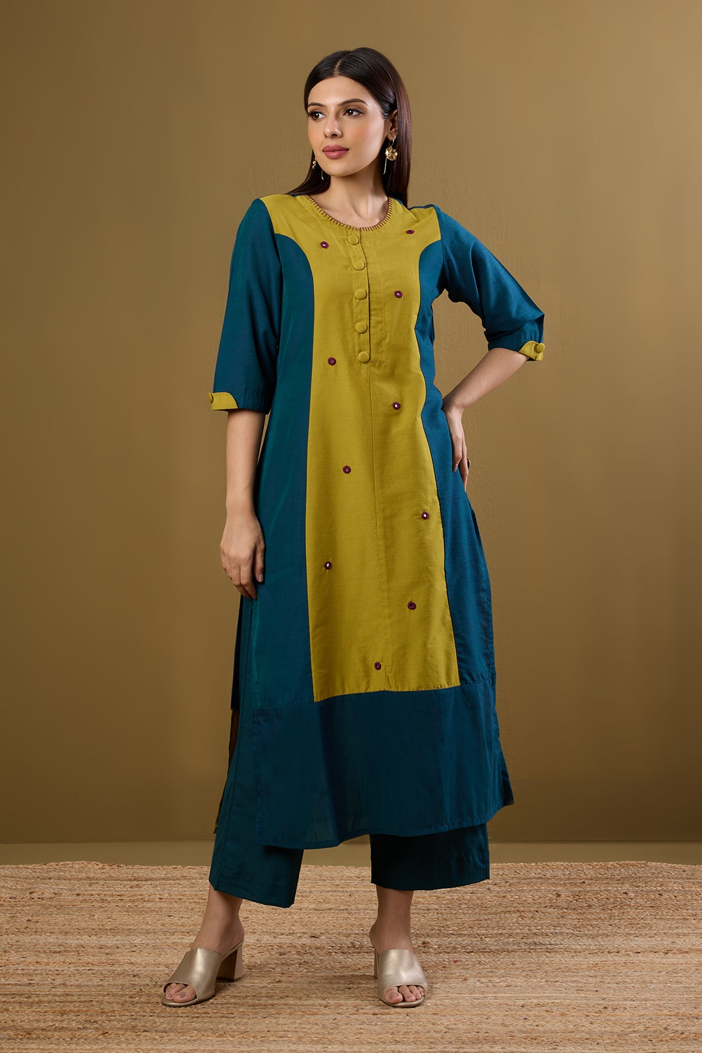 Maati Craft Firelight Blue & Gold Silk Slub Long Panelled Kurta with Slit