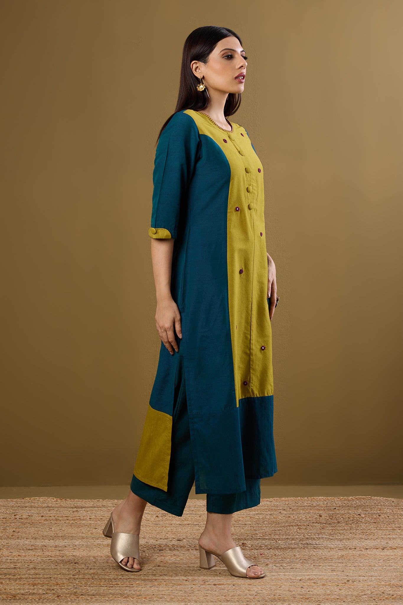 Maati Craft Firelight Blue & Gold Silk Slub Long Panelled Kurta with Slit