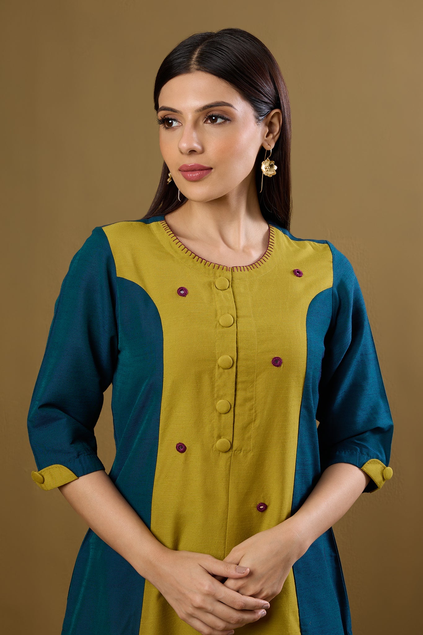 Maati Craft Firelight Blue & Gold Silk Slub Long Panelled Kurta with Slit