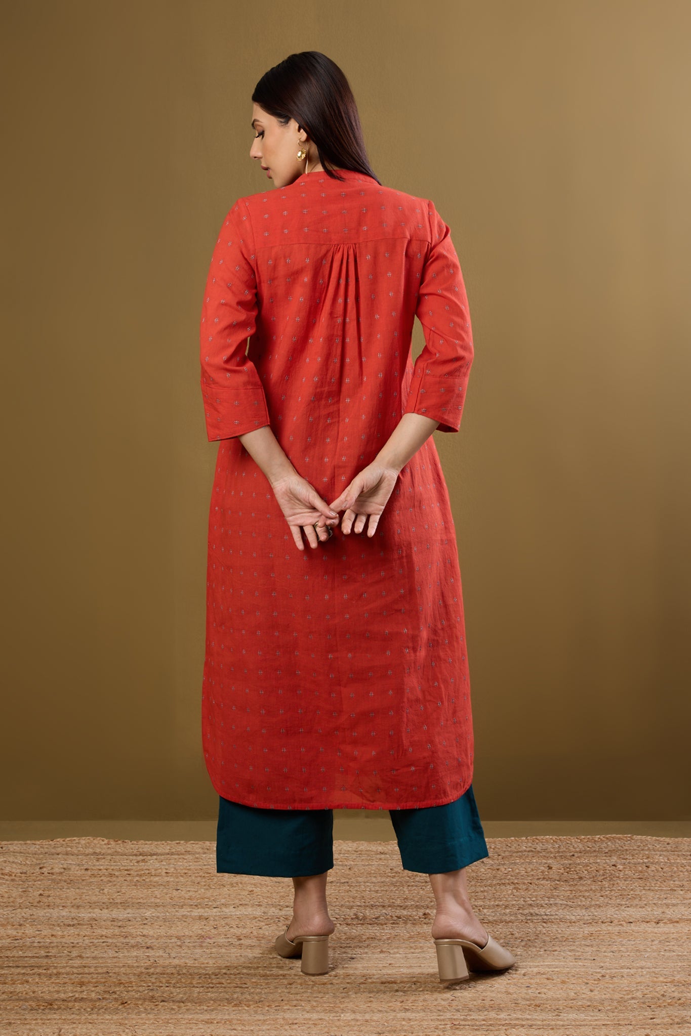 Maati Craft Tangerine Glow & Whispered Dots Stand Collar Kurta with Round Hemline