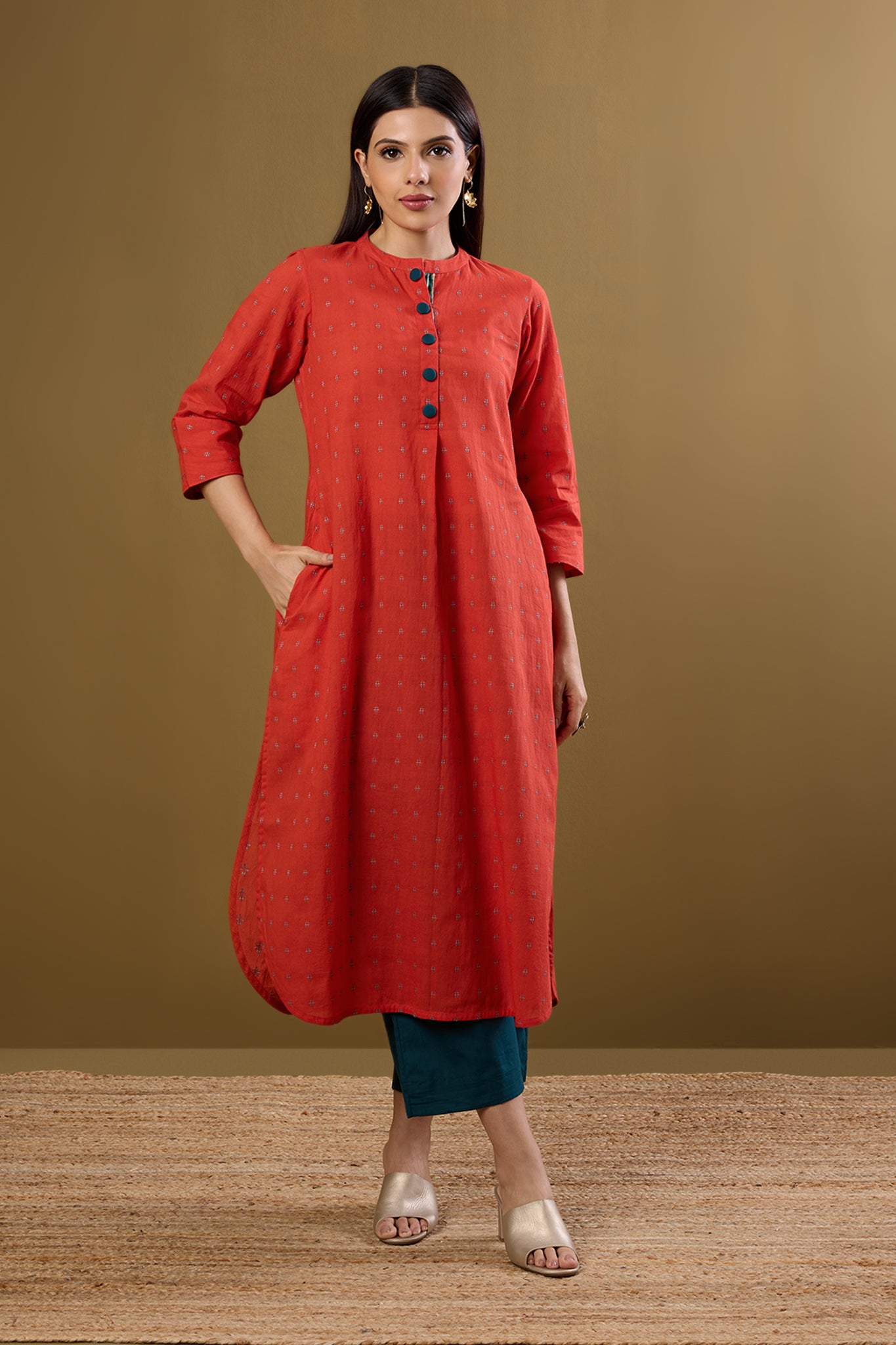 Maati Craft Tangerine Glow & Whispered Dots Stand Collar Kurta with Round Hemline