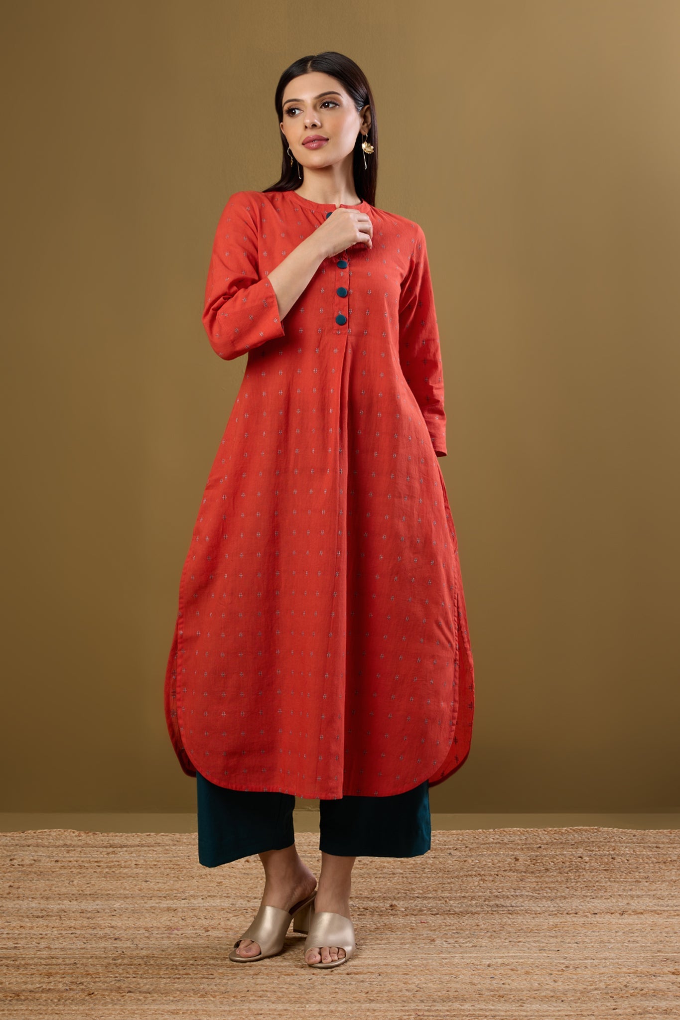 Maati Craft Tangerine Glow & Whispered Dots Stand Collar Kurta with Round Hemline