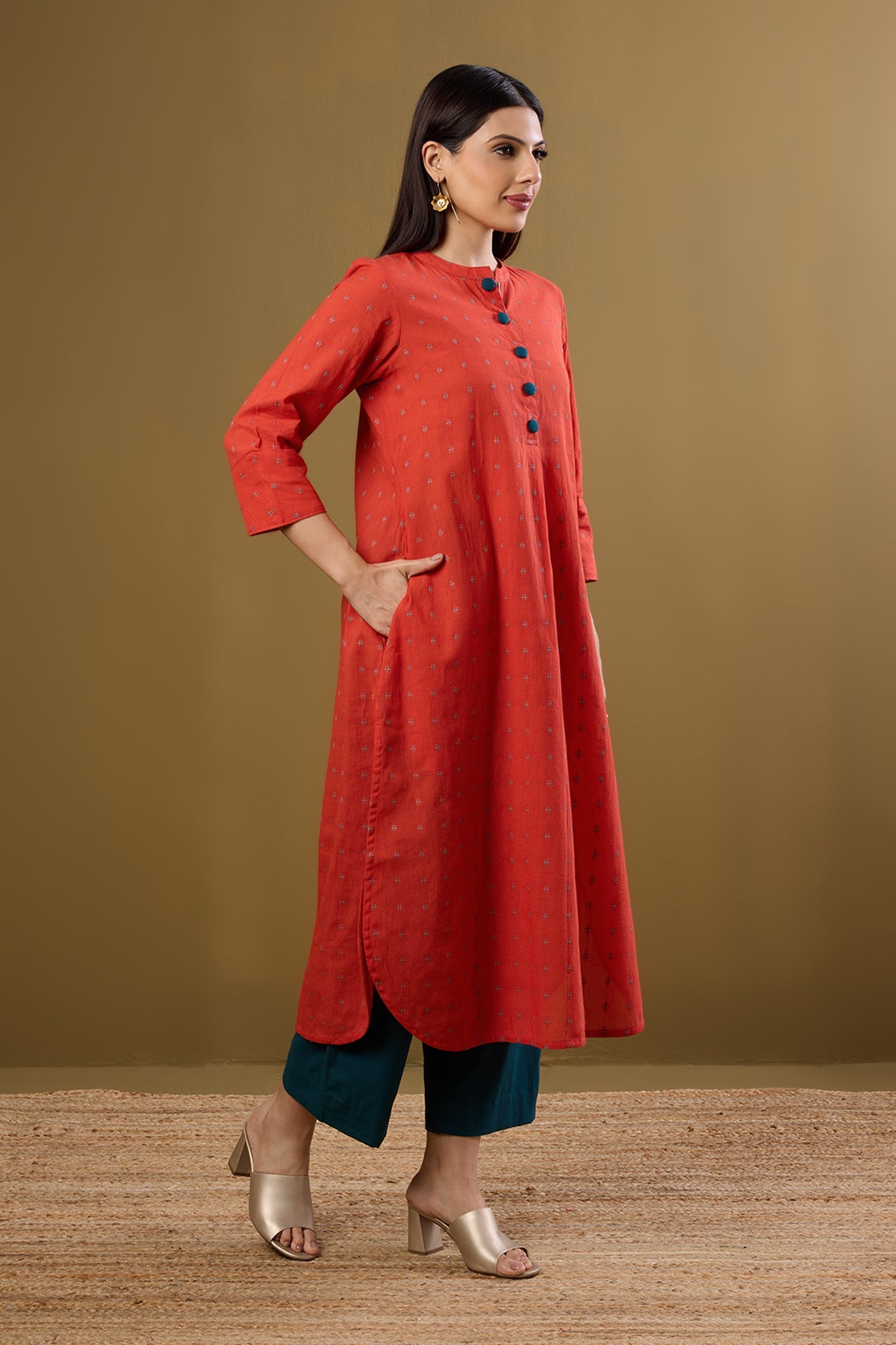 Maati Craft Tangerine Glow & Whispered Dots Stand Collar Kurta with Round Hemline