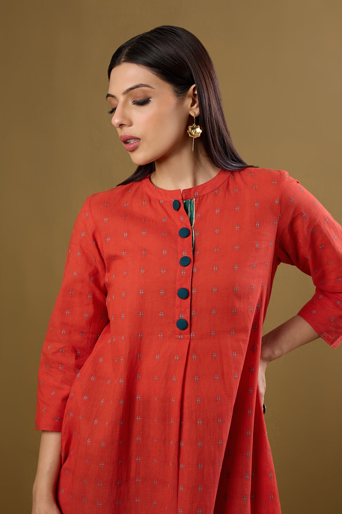 Maati Craft Tangerine Glow & Whispered Dots Stand Collar Kurta with Round Hemline