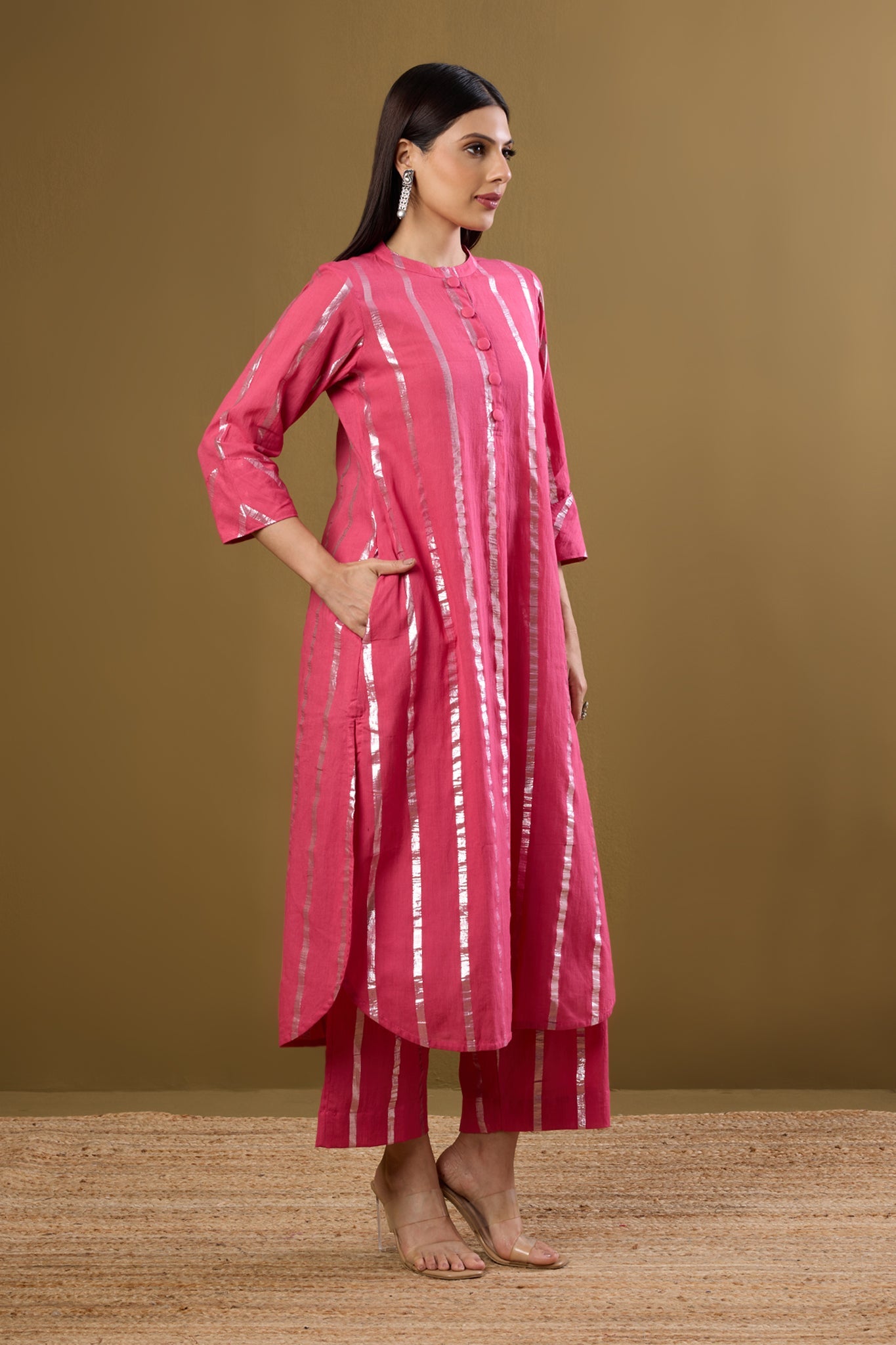 Maati Craft Co-ord Set Petal Pink & Moonbeam Silver Stand Collar Kurta with Round Hemline