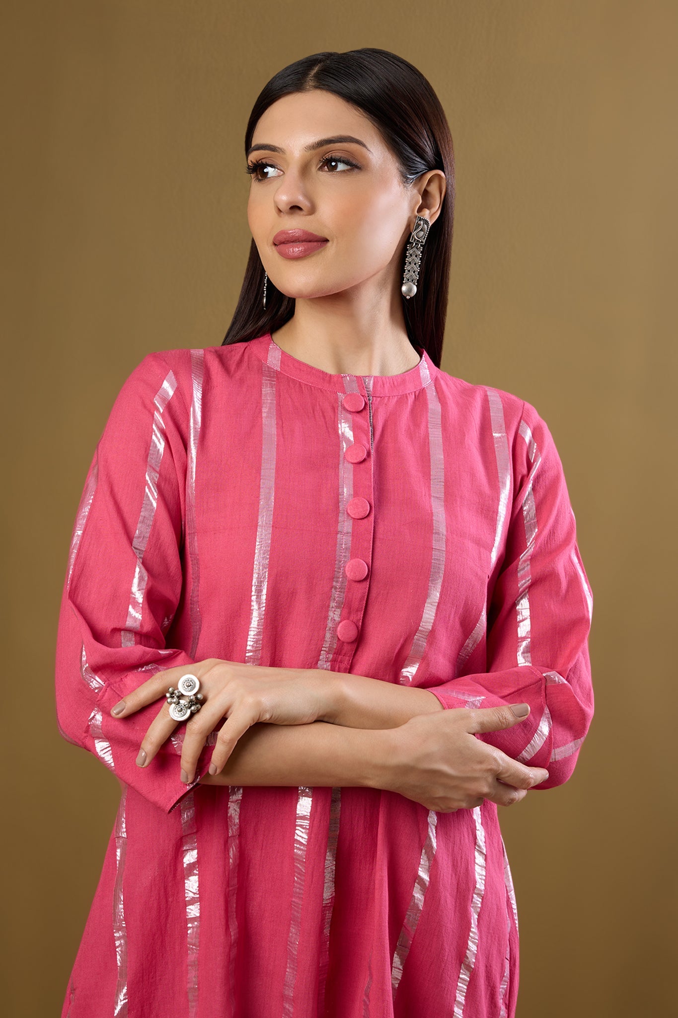 Maati Craft Co-ord Set Petal Pink & Moonbeam Silver Stand Collar Kurta with Round Hemline
