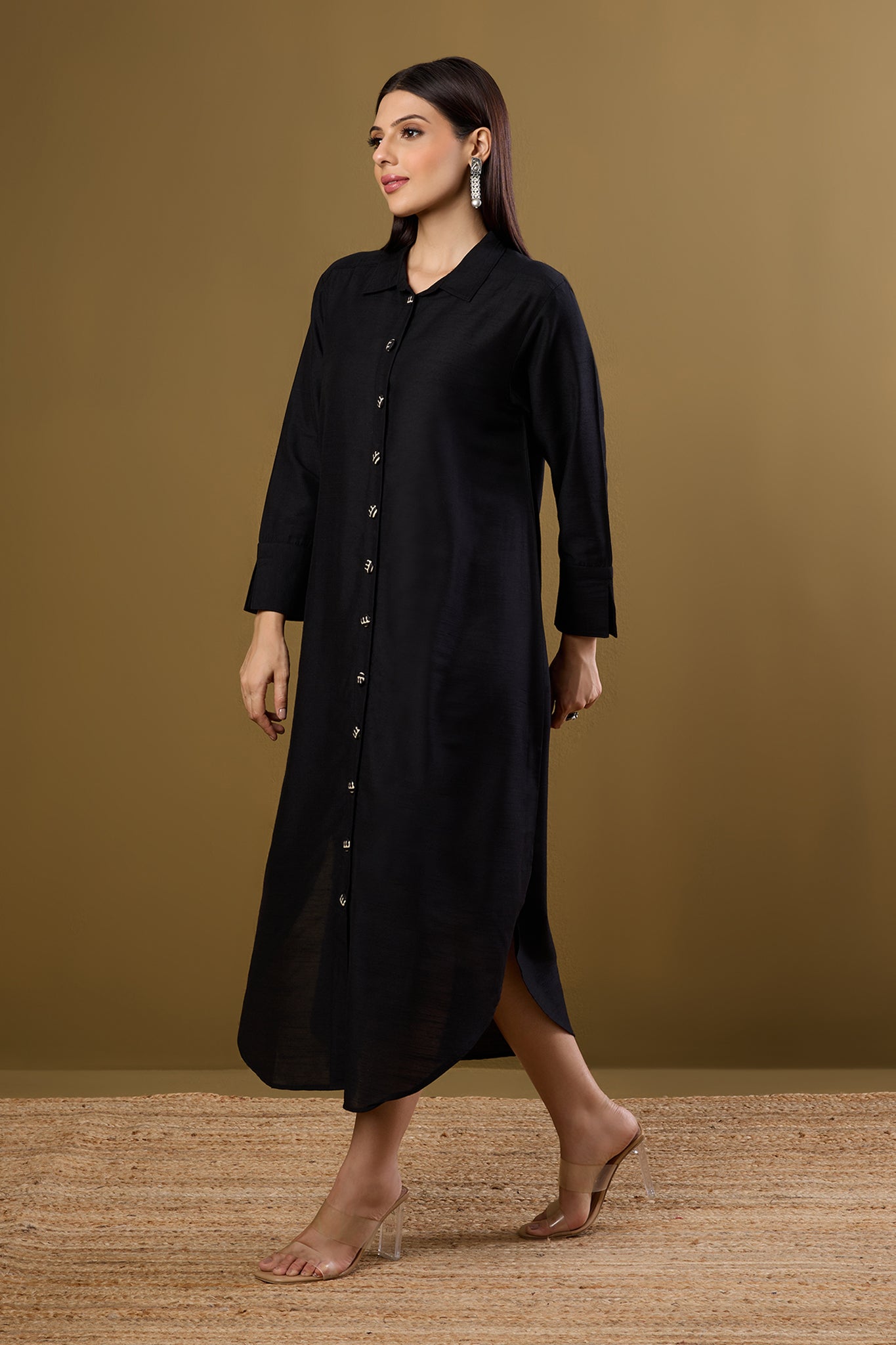 Maati Craft Obsidian Veil Silk Slub Long Shirt Dress
