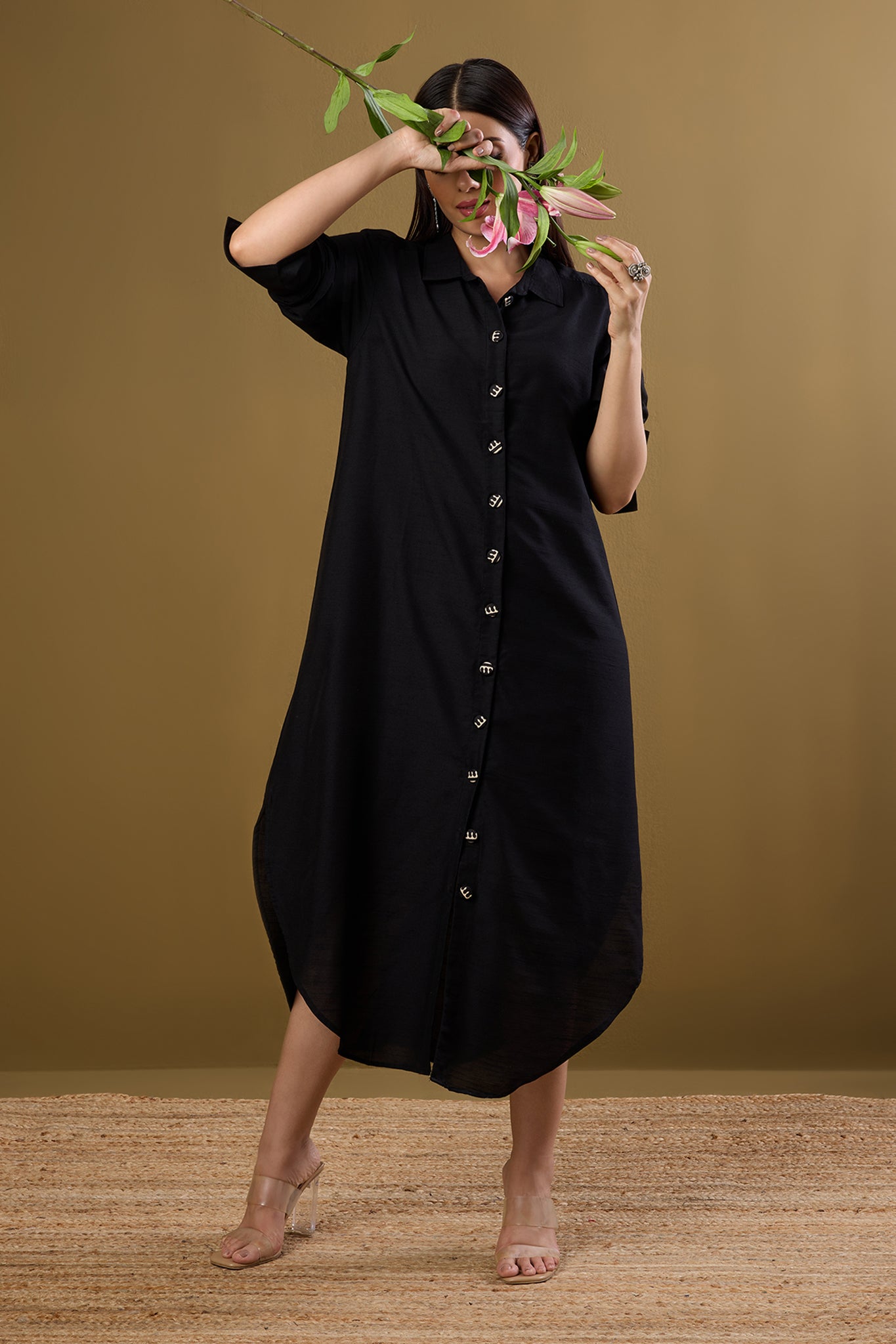Maati Craft Obsidian Veil Silk Slub Long Shirt Dress