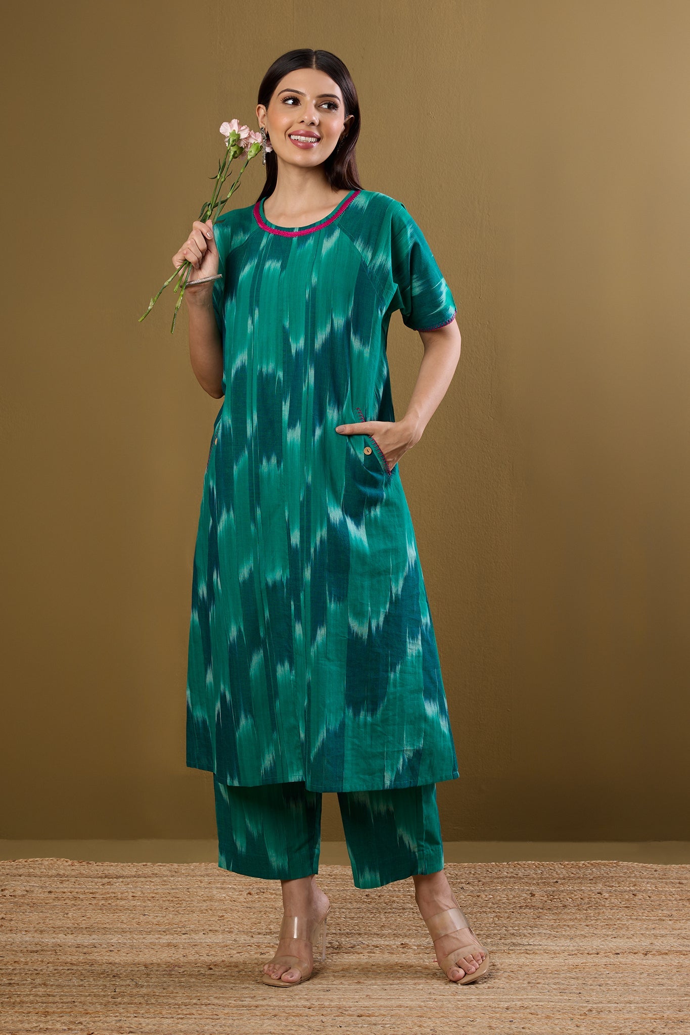 Maati Craft Co-ord set Tranquil Teal drop shoulder tunic & pants (set of 2)