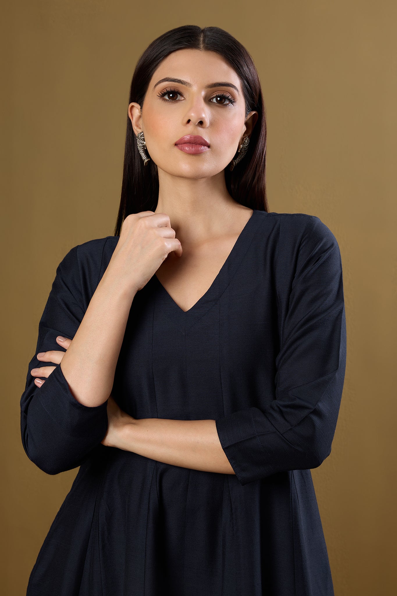 Maati Craft Indigo Rosefall Luxe Silk Slub Long Maxi Dress with Sleeves