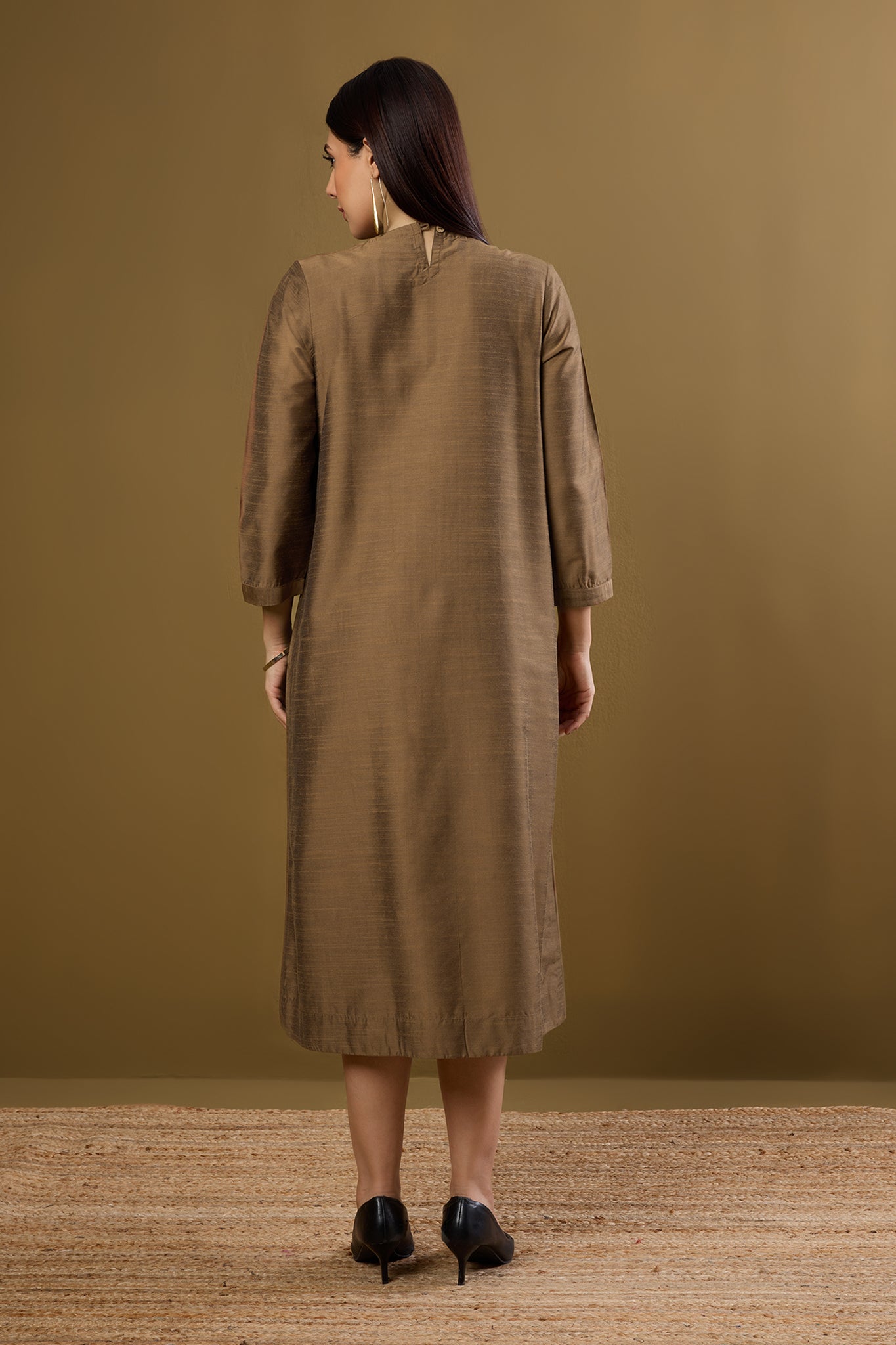 Maati Craft Gilded Earth Silk Slub a-line Dress with Patch Pocket