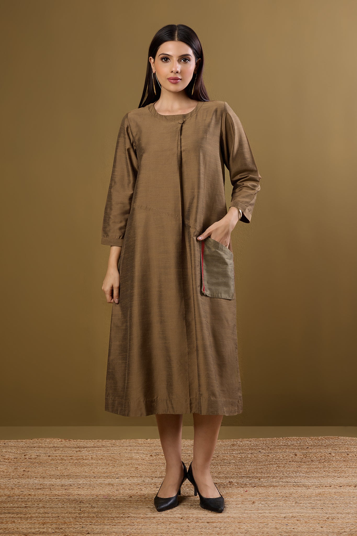 Maati Craft Gilded Earth Silk Slub a-line Dress with Patch Pocket