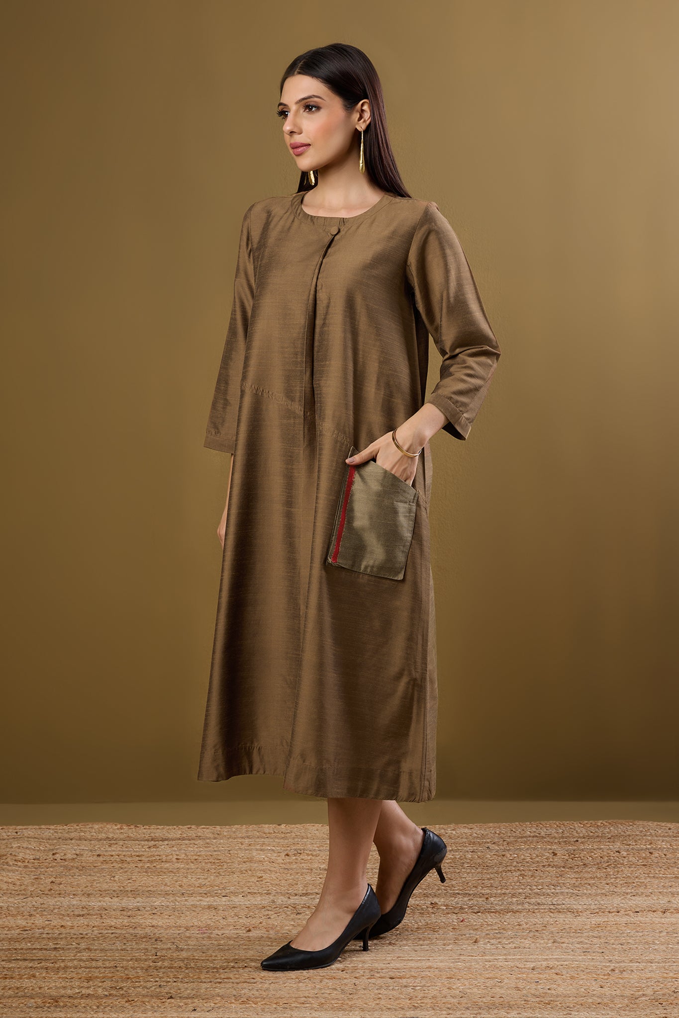 Maati Craft Gilded Earth Silk Slub a-line Dress with Patch Pocket
