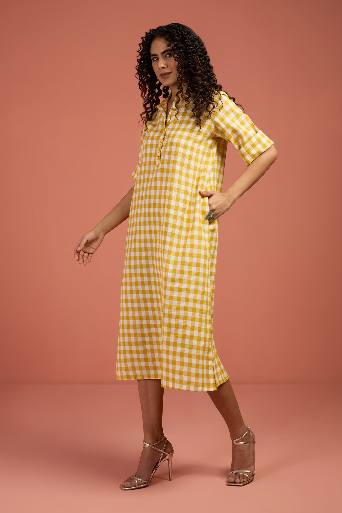 Maati Craft Gulabi Sunlit Grid Cotton Boho Collar Dress