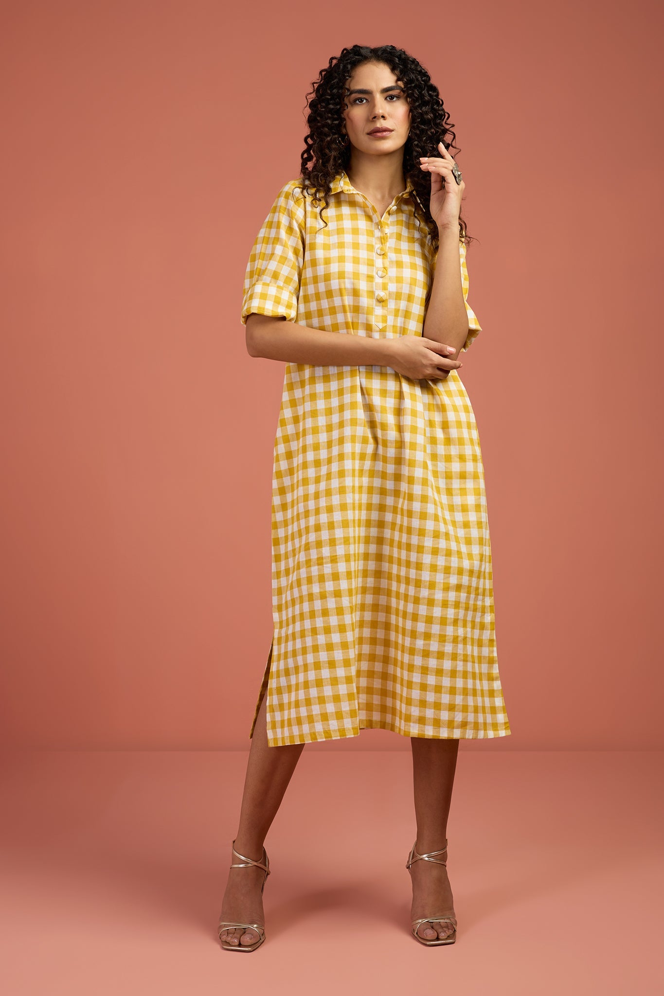 Maati Craft Gulabi Sunlit Grid Cotton Boho Collar Dress