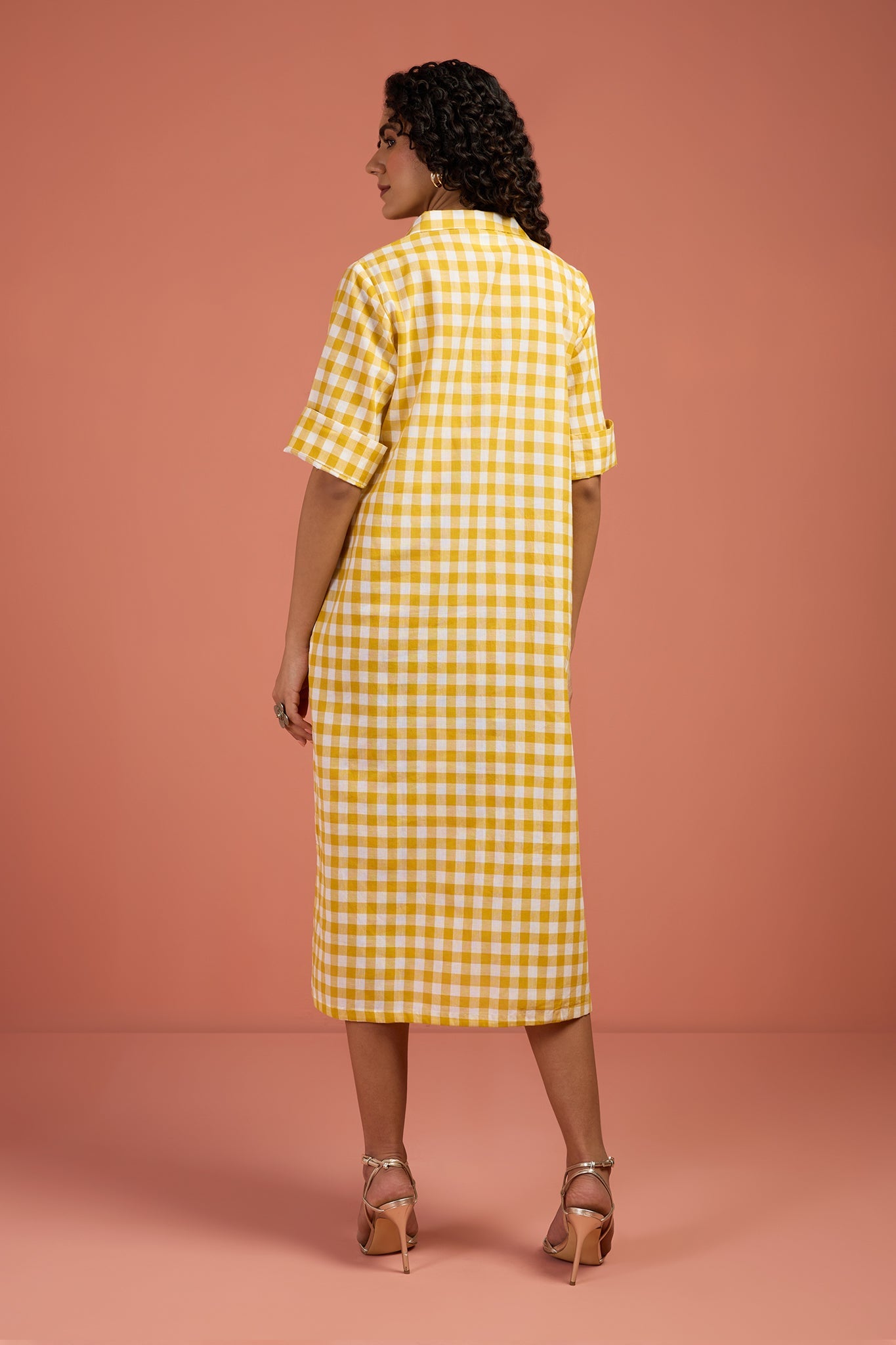 Maati Craft Gulabi Sunlit Grid Cotton Boho Collar Dress