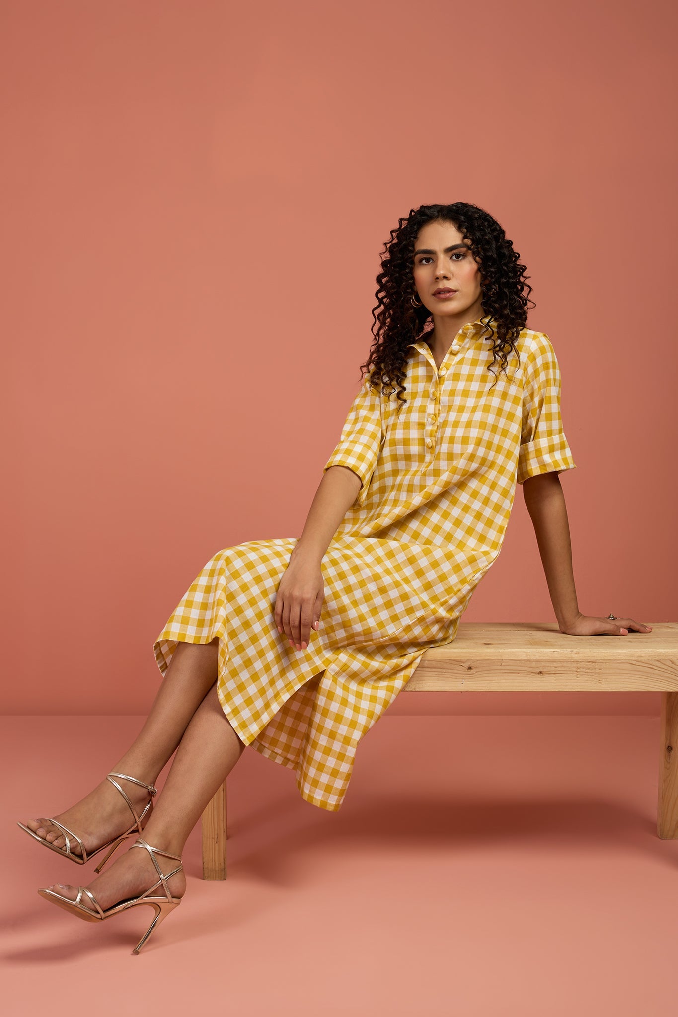 Maati Craft Gulabi Sunlit Grid Cotton Boho Collar Dress