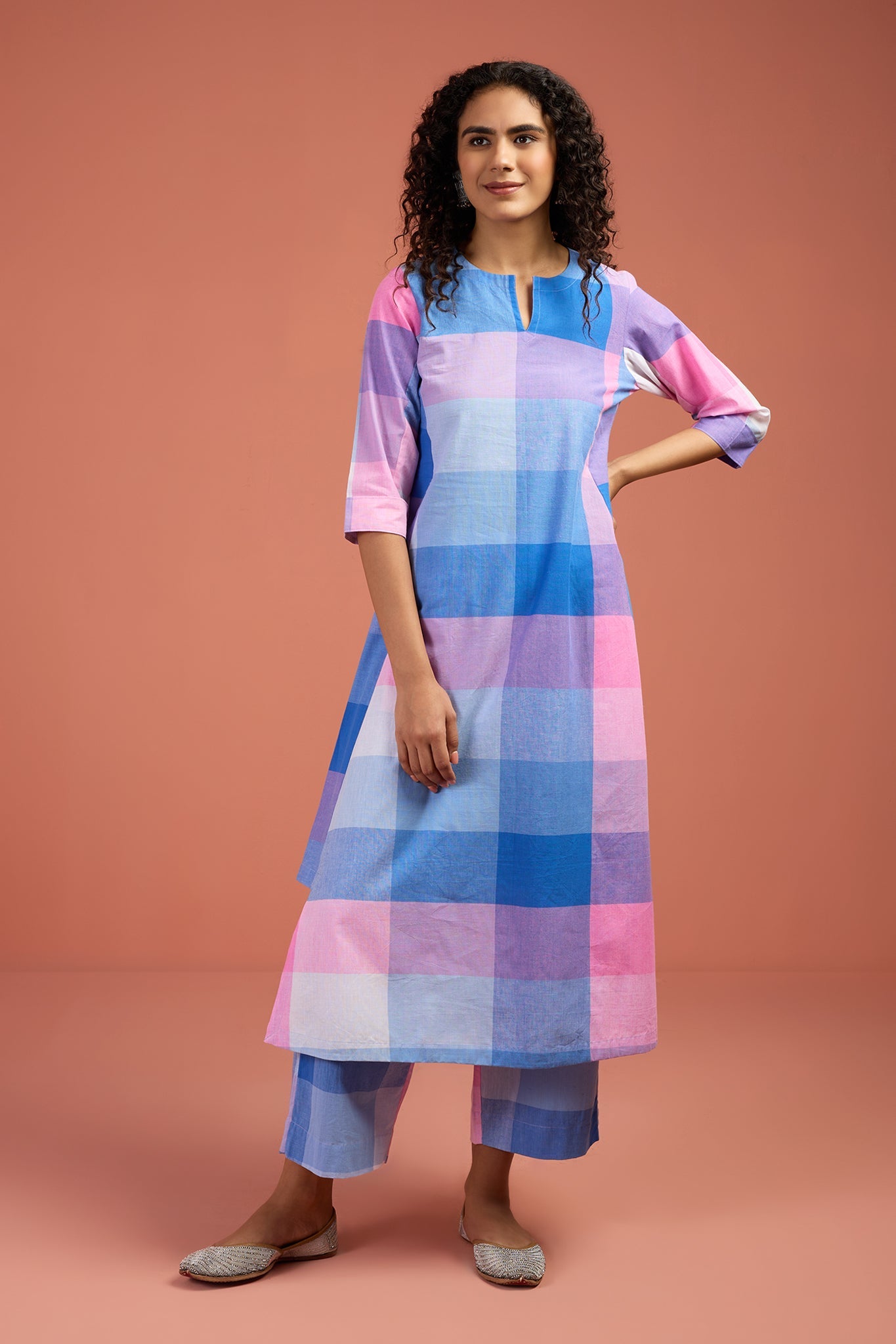 Maati Craft Co-ord Set Pastel Grid & Lilac Long Kurta with Side Twist