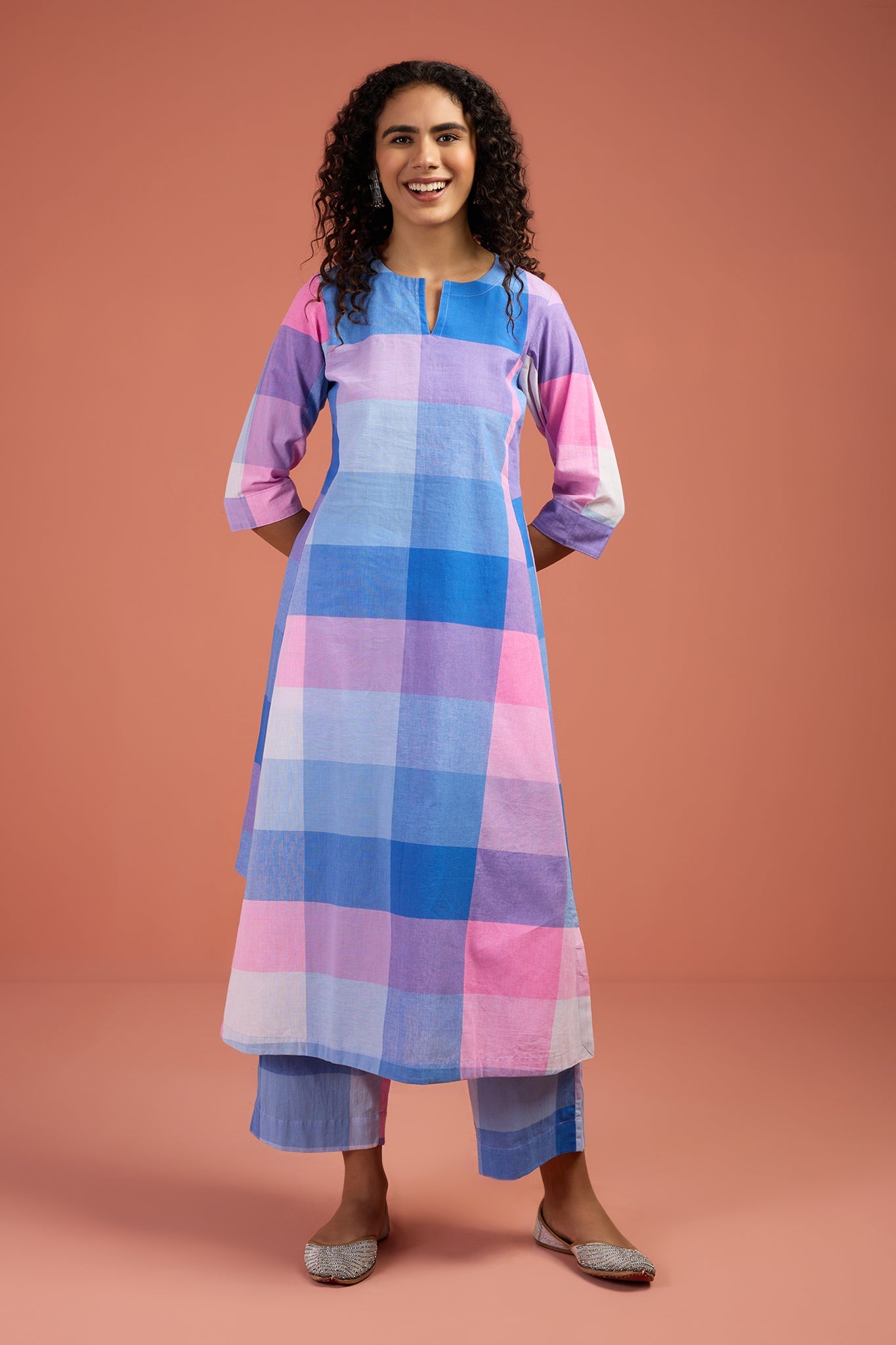 Maati Craft Co-ord Set Pastel Grid & Lilac Long Kurta with Side Twist