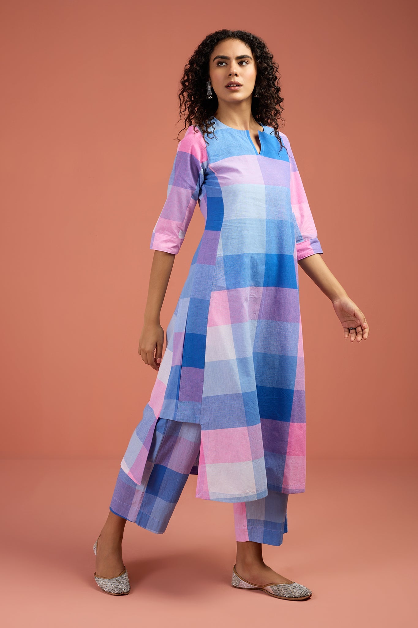 Maati Craft Co-ord Set Pastel Grid & Lilac Long Kurta with Side Twist
