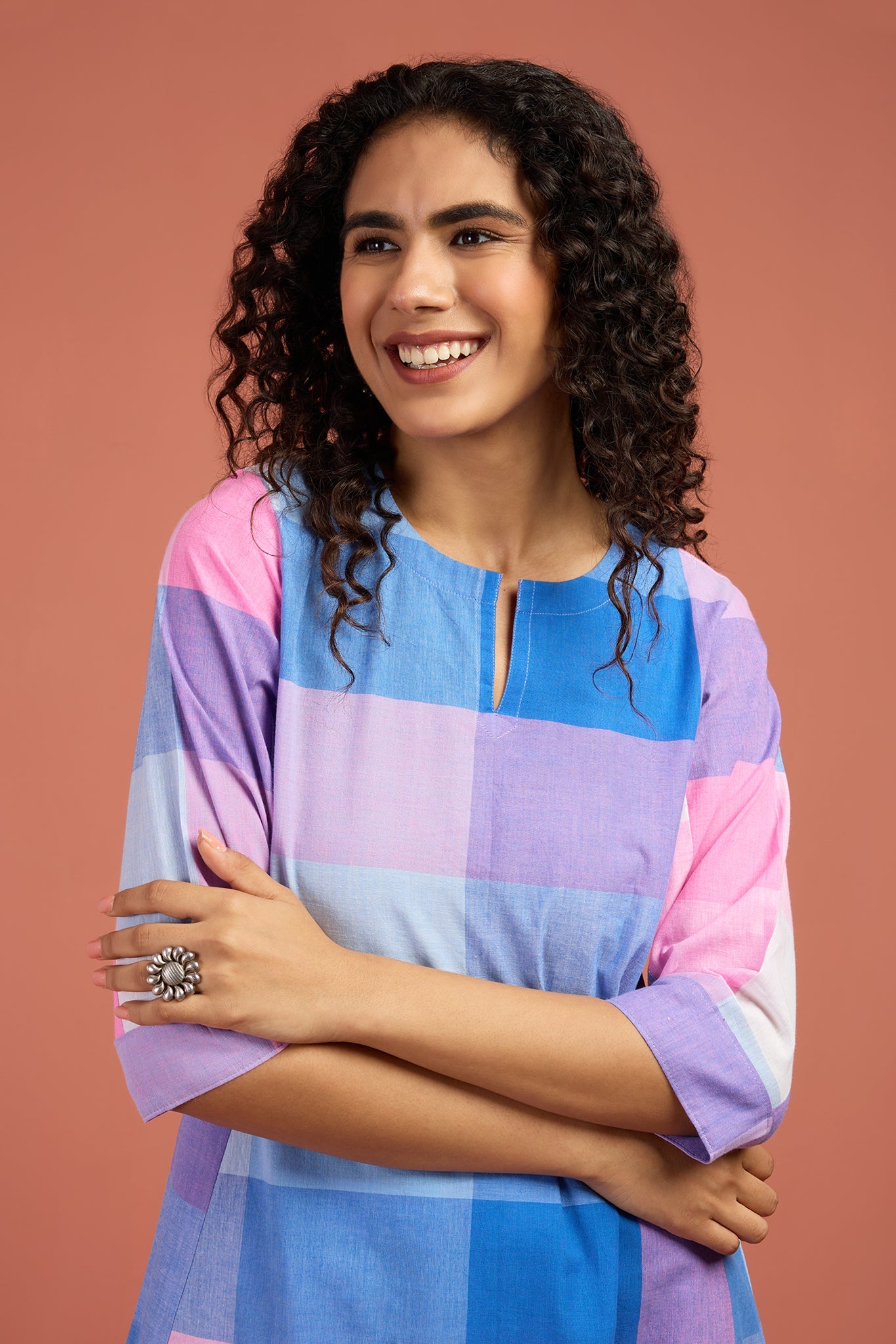 Maati Craft Co-ord Set Pastel Grid & Lilac Long Kurta with Side Twist