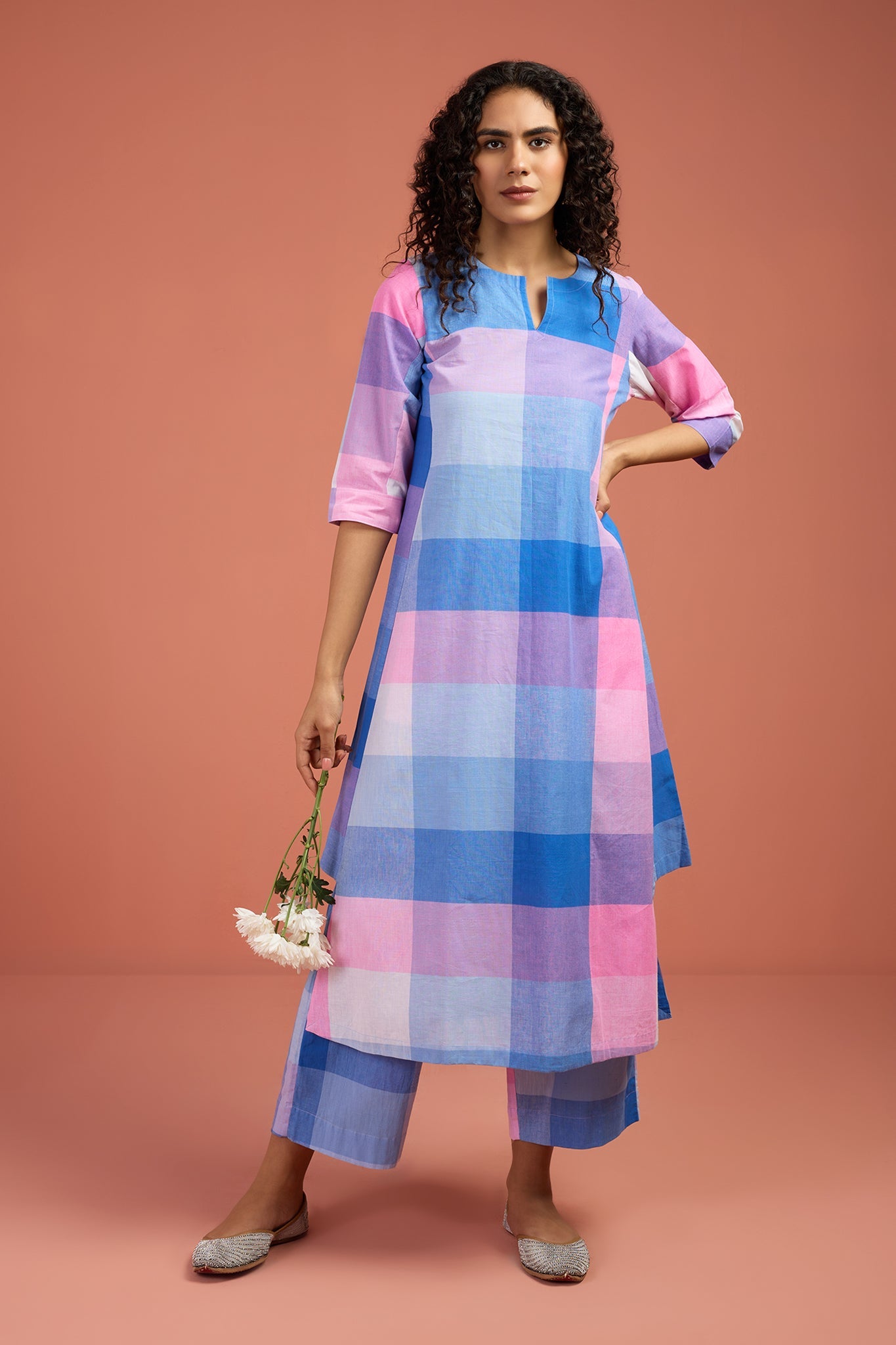 Maati Craft Co-ord Set Pastel Grid & Lilac Long Kurta with Side Twist