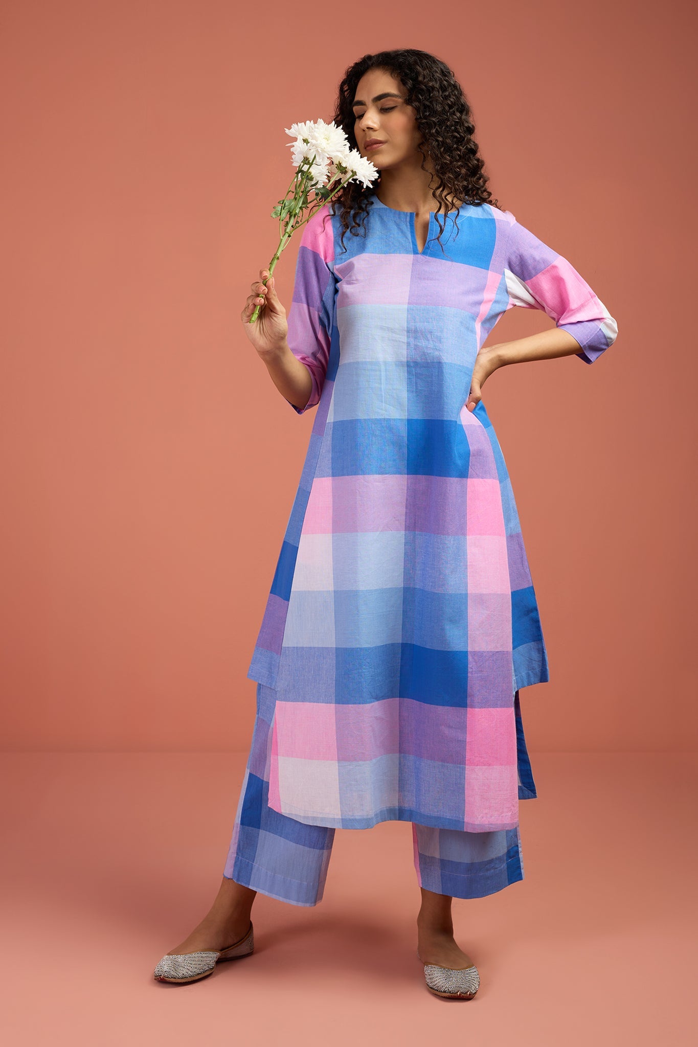 Maati Craft Co-ord Set Pastel Grid & Lilac Long Kurta with Side Twist