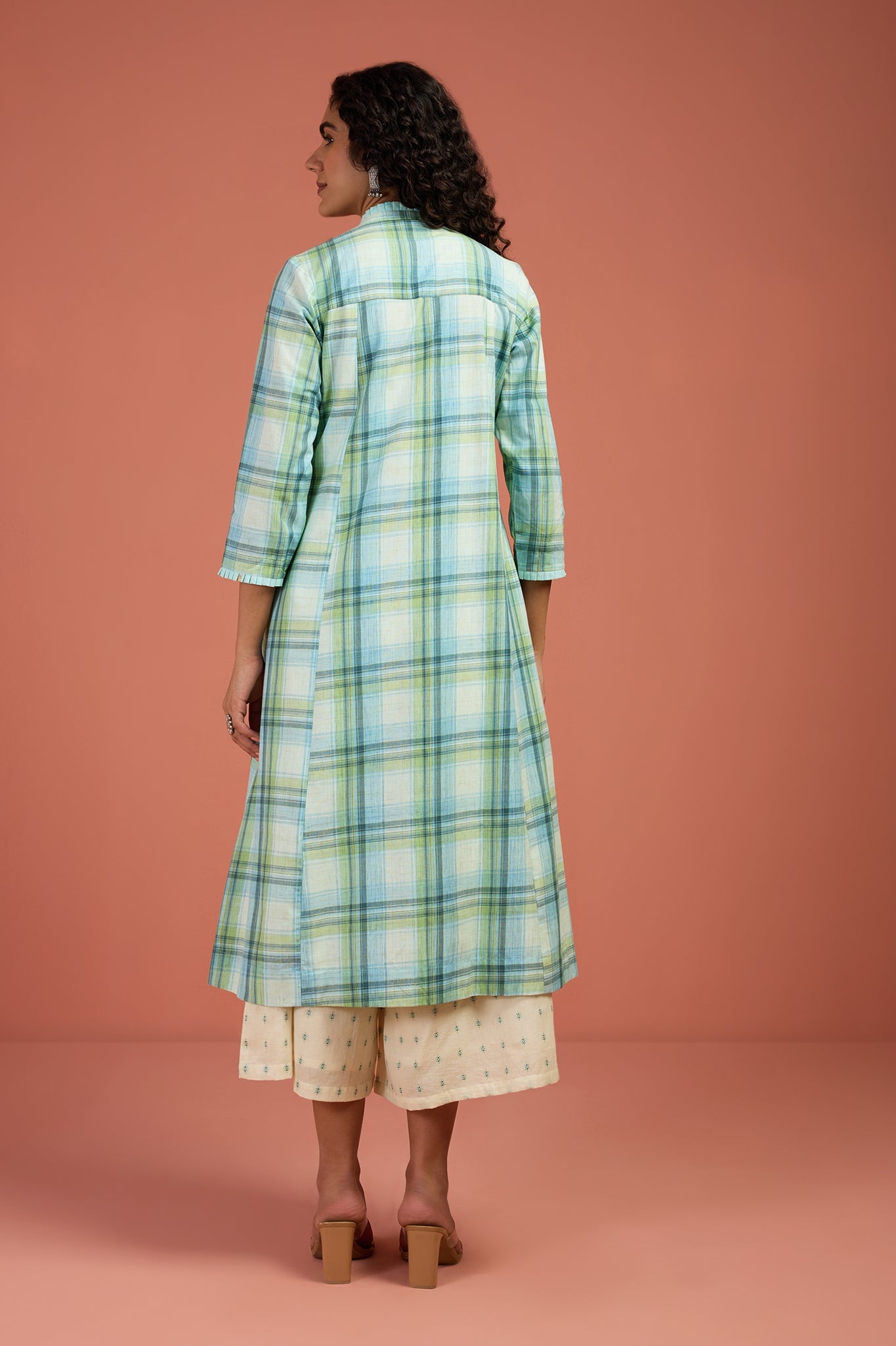 Maati Craft Tide & Twilight Madras Checks Pleated Pintuck Button Down Dress