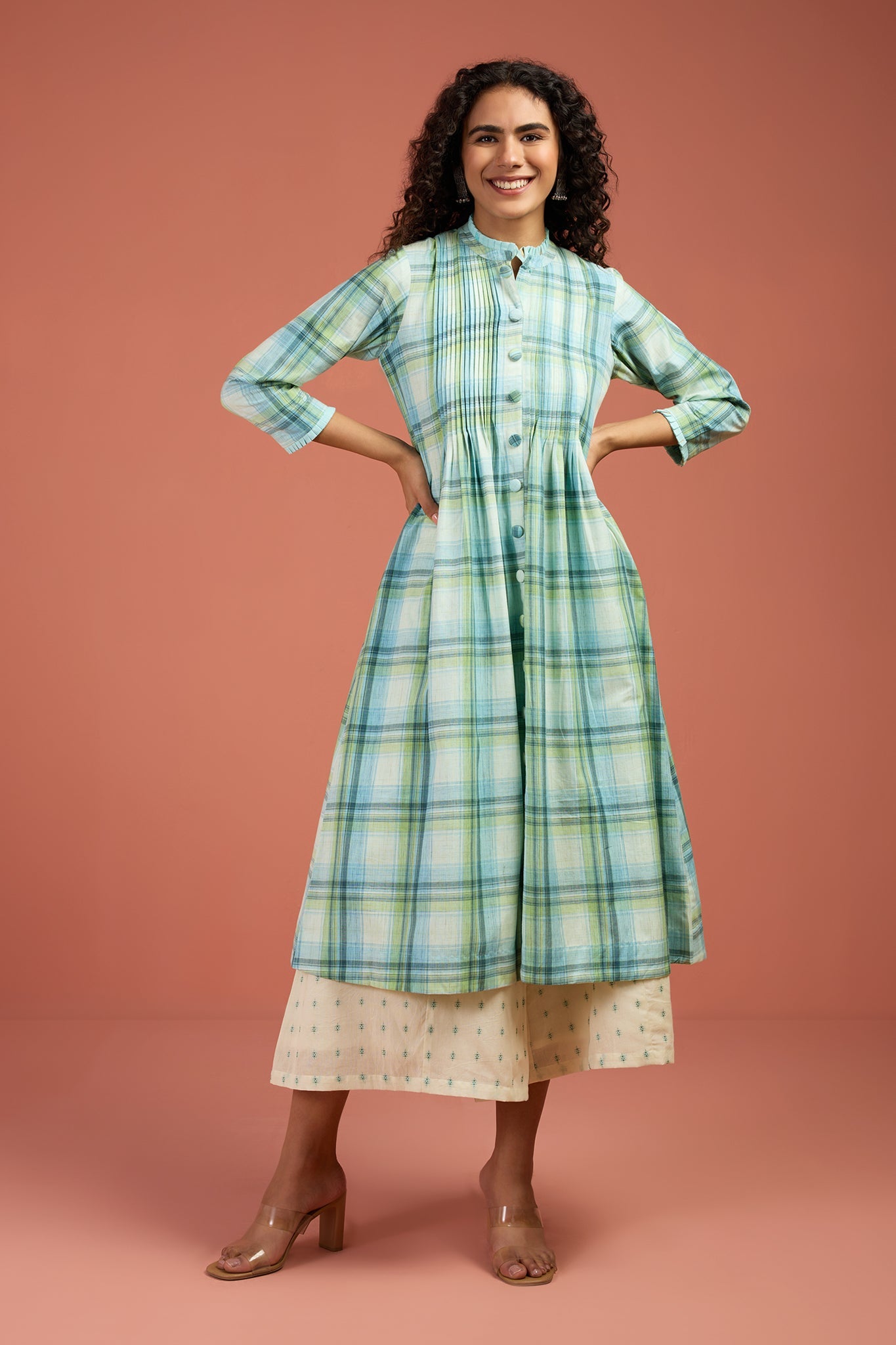 Maati Craft Tide & Twilight Madras Checks Pleated Pintuck Button Down Dress