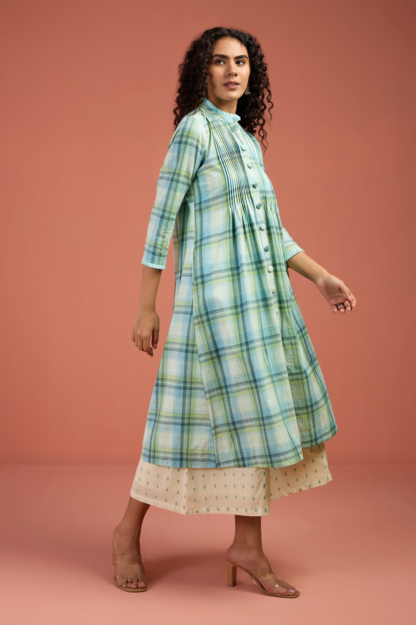 Maati Craft Tide & Twilight Madras Checks Pleated Pintuck Button Down Dress