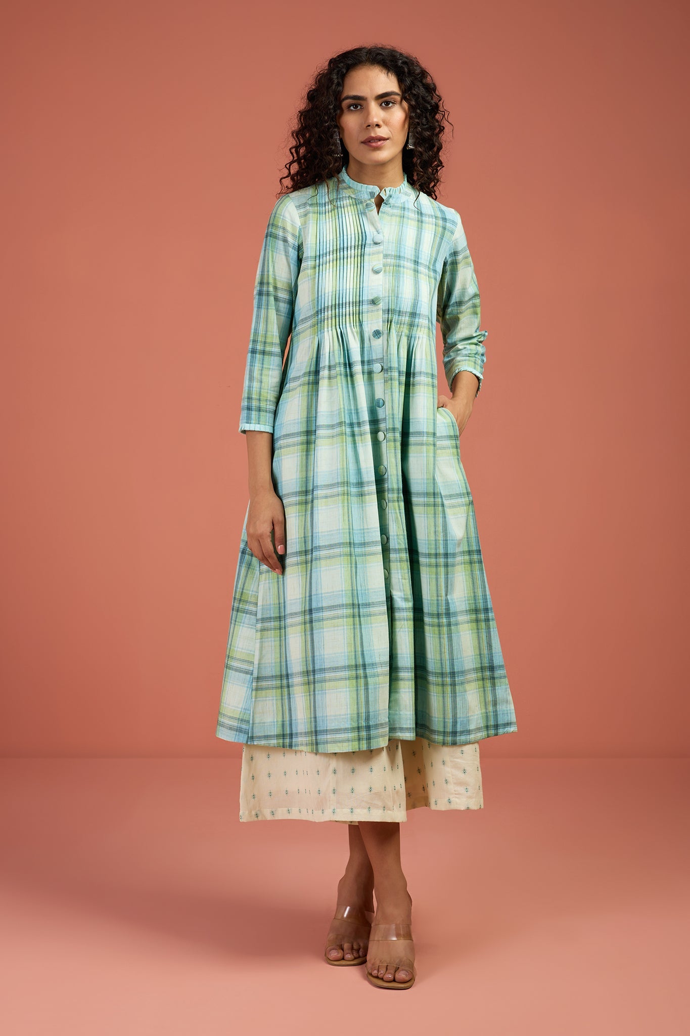 Maati Craft Tide & Twilight Madras Checks Pleated Pintuck Button Down Dress