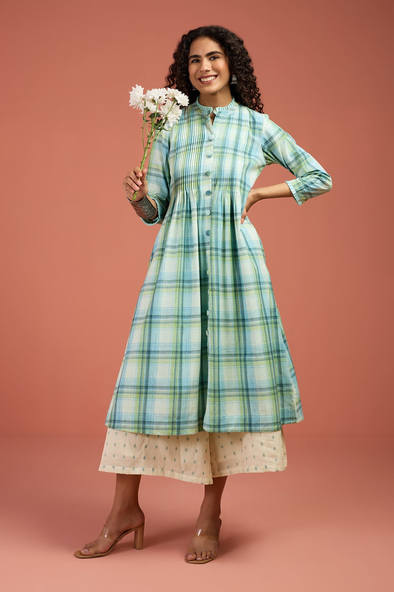 Maati Craft Tide & Twilight Madras Checks Pleated Pintuck Button Down Dress