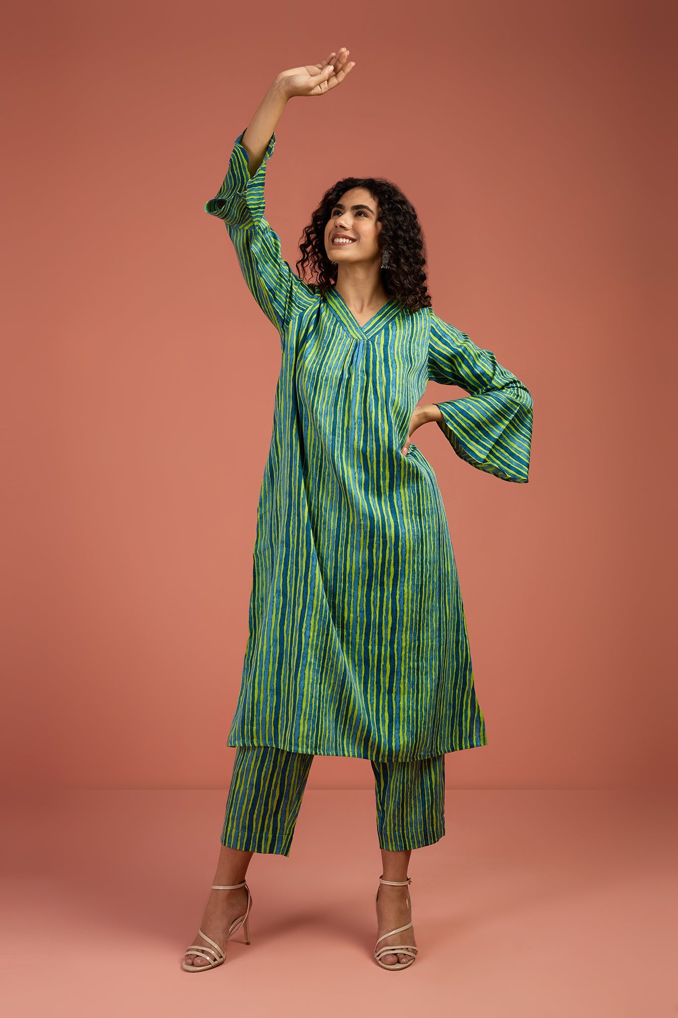 Maati Craft Coord Set- Coastal Canopy Stripes Modern Long Tunic Kurta and Pants