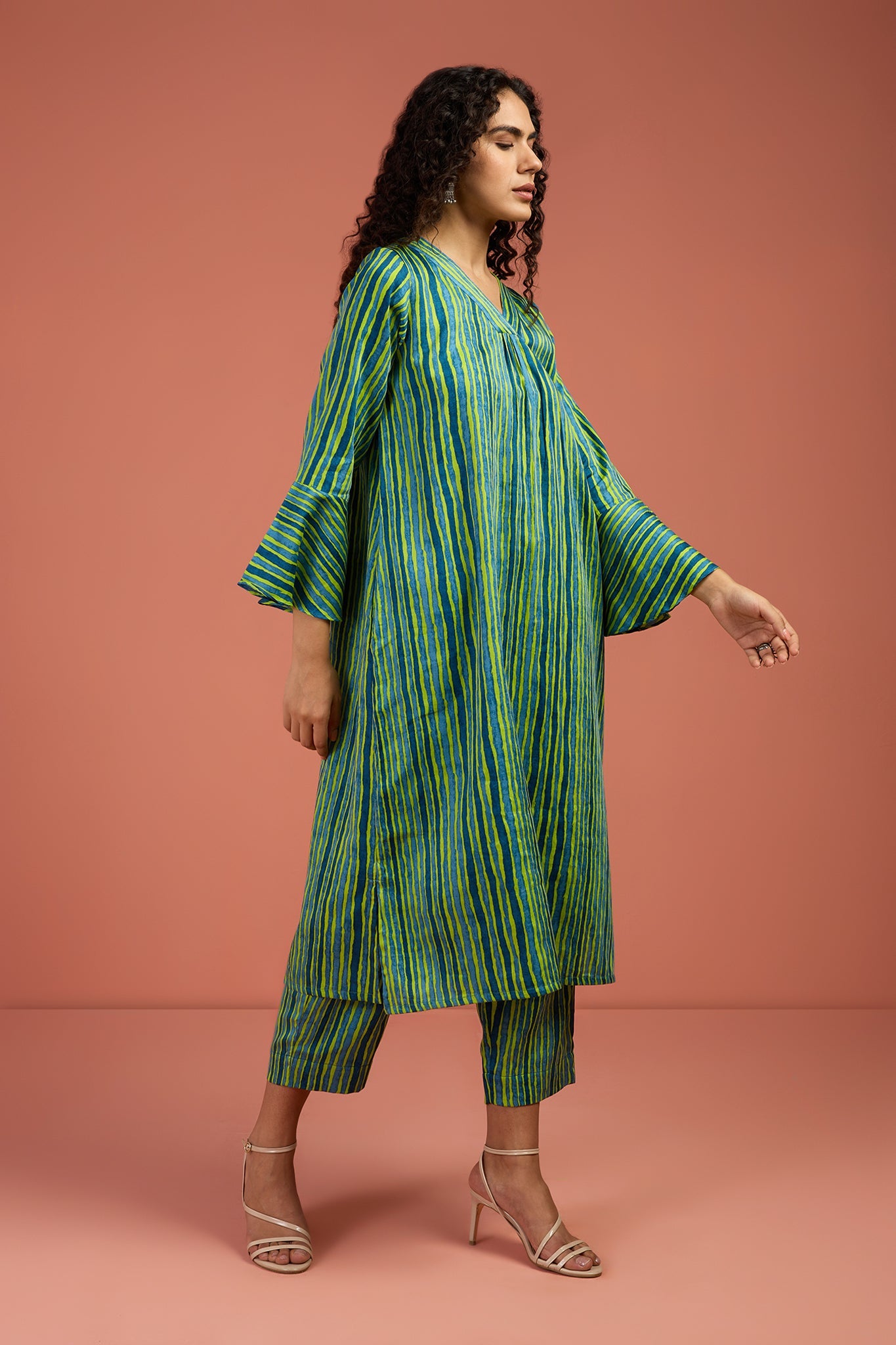 Maati Craft Coord Set- Coastal Canopy Stripes Modern Long Tunic Kurta and Pants