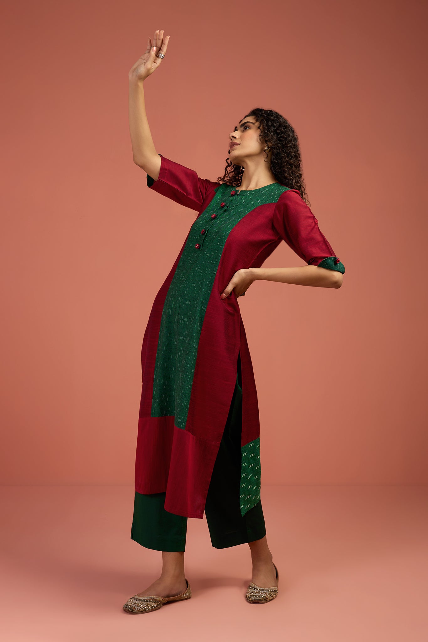 Maati Craft Crimson Canopy Long Panelled Kurta with Slit