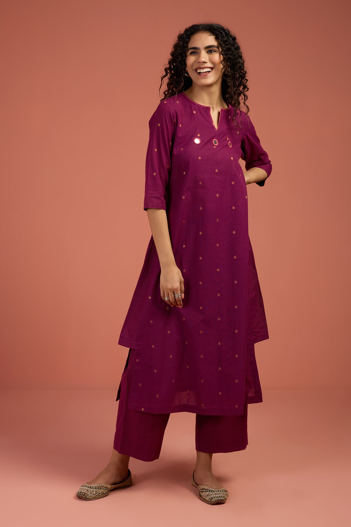 Maati Craft Co-ord Set Wine Ember Long Kurta with Side Twist